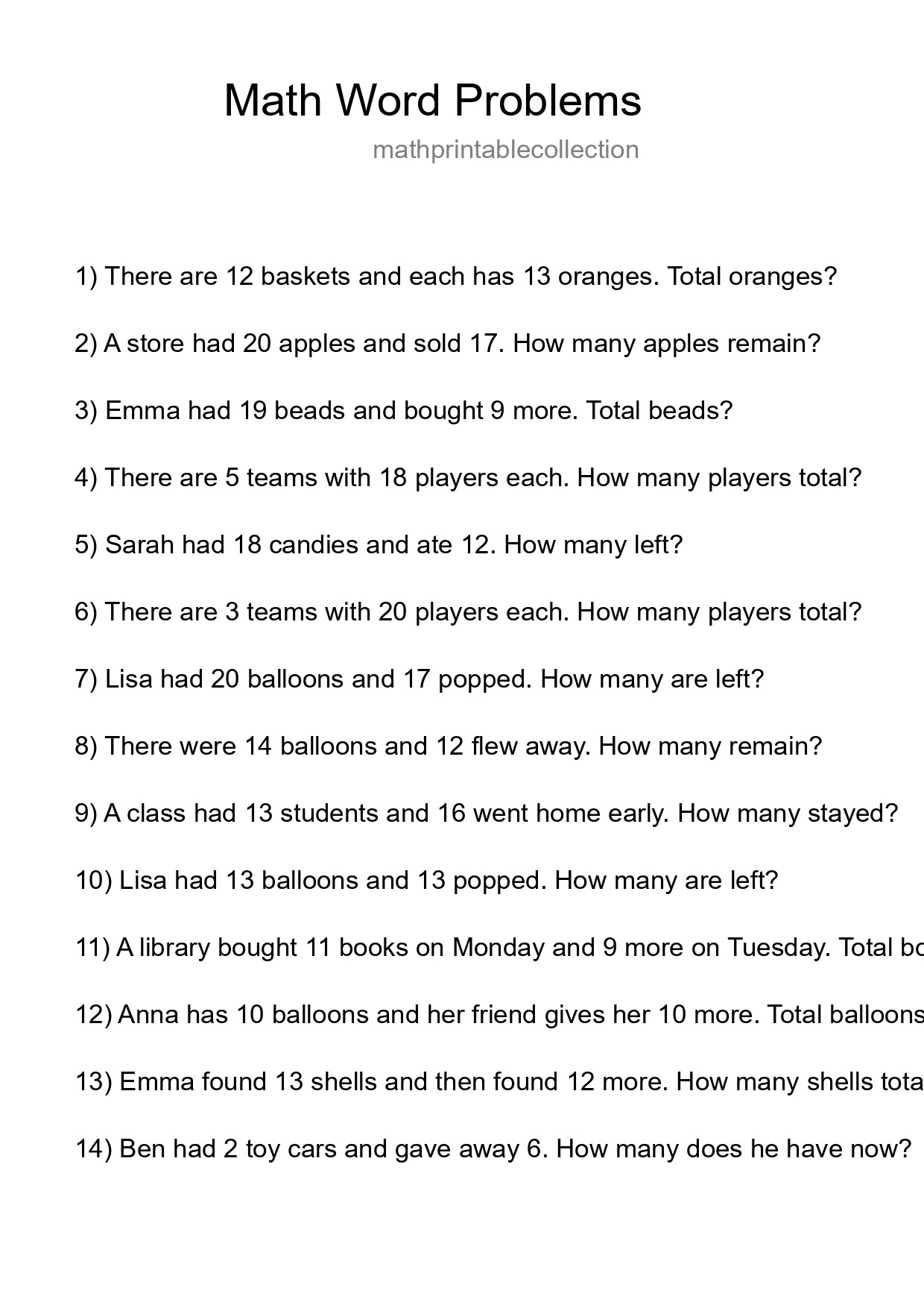 Math Word Problem Worksheet