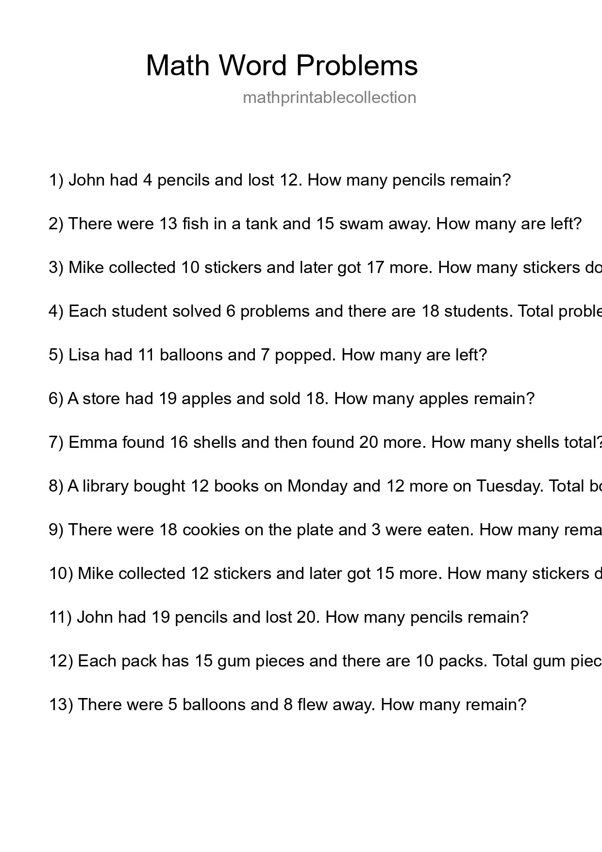 Math Word Problem Worksheet