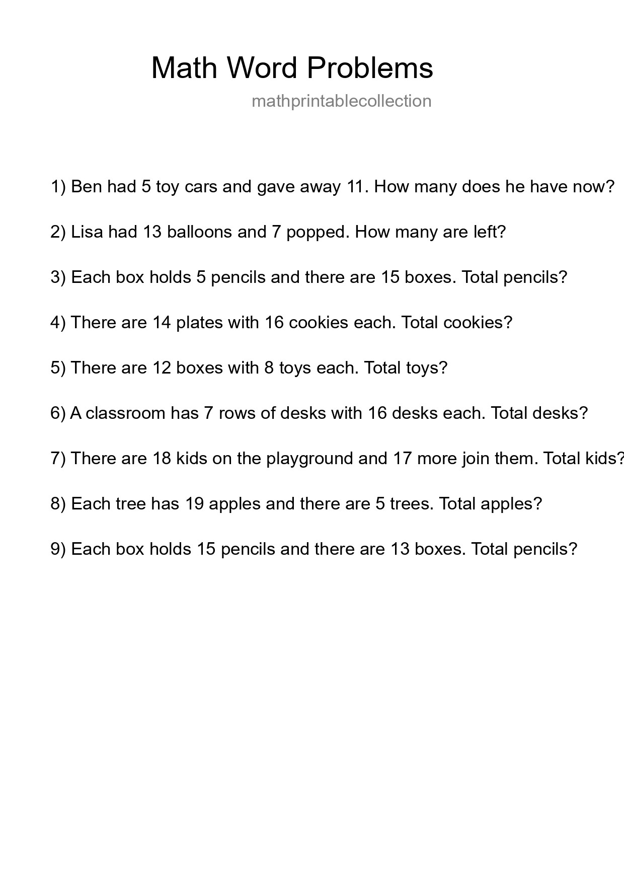 Math Word Problem Worksheet