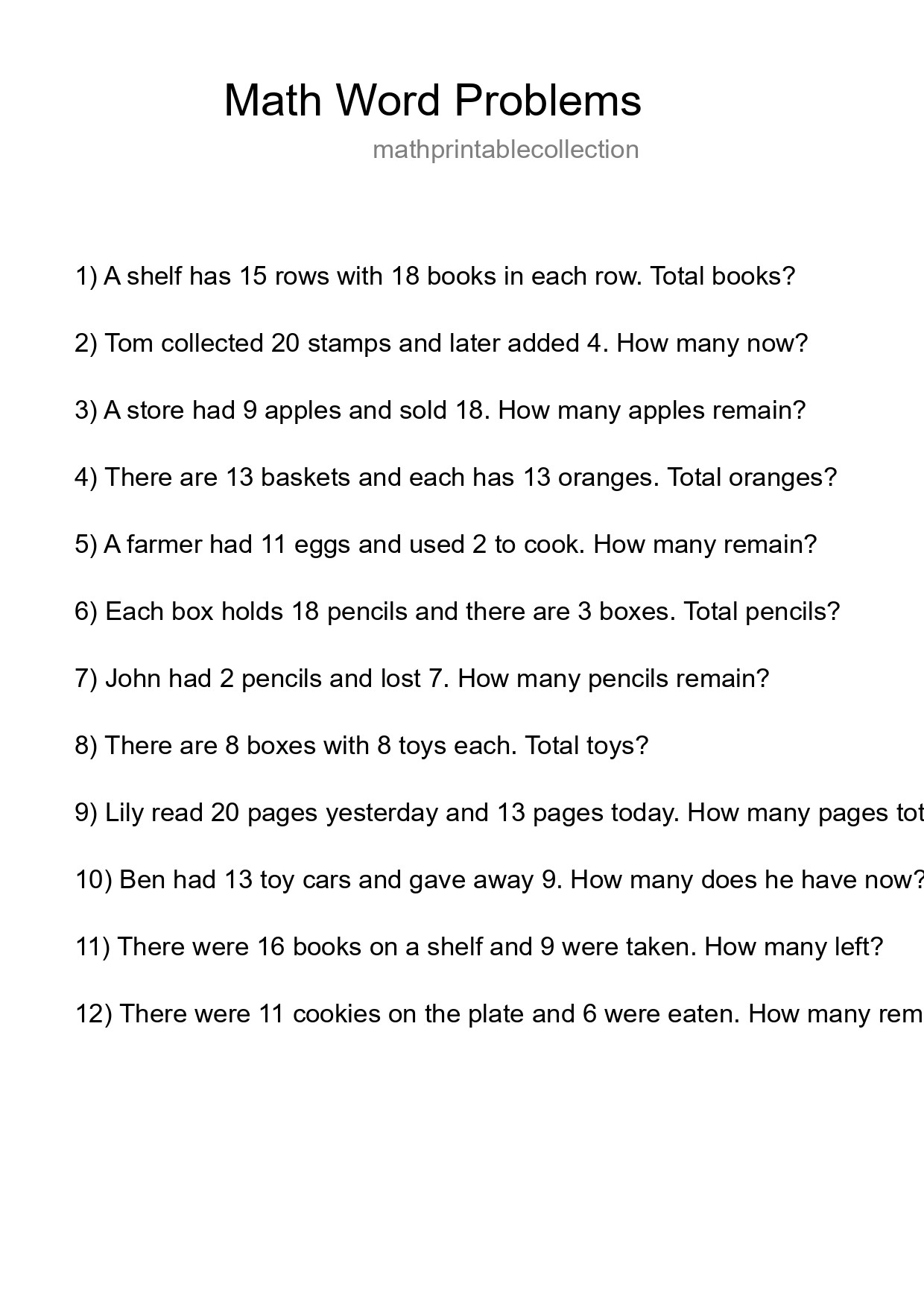 Math Word Problem Worksheet