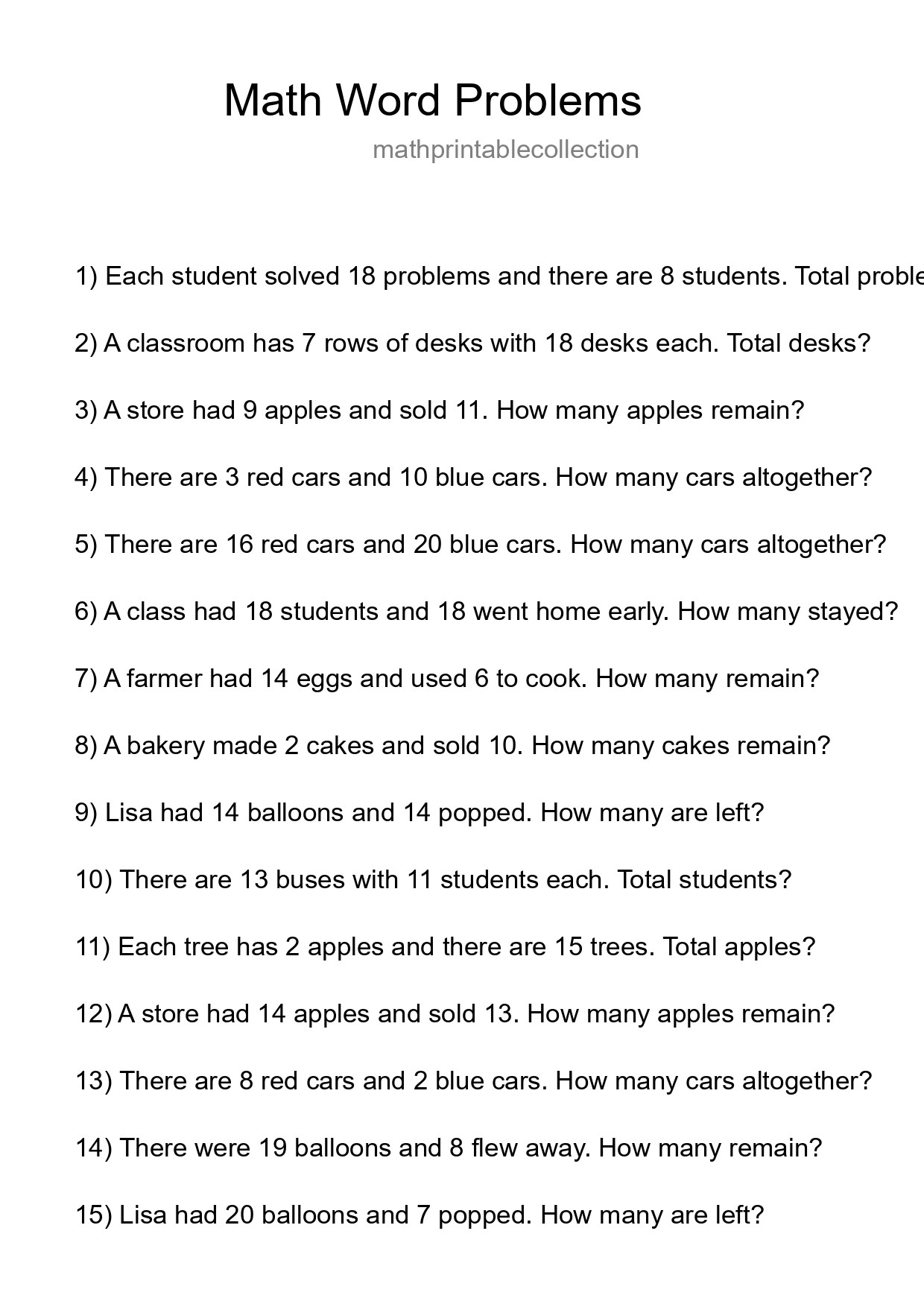 Math Word Problem Worksheet