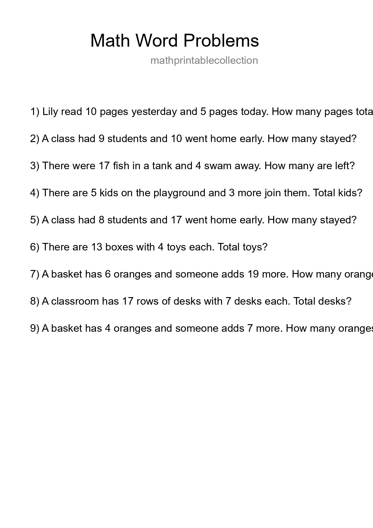 Math Word Problem Worksheet