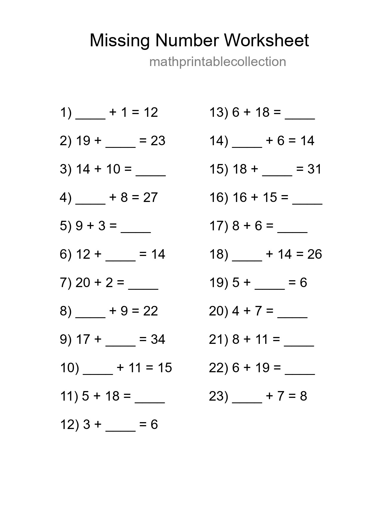 Missing Number Math Worksheet
