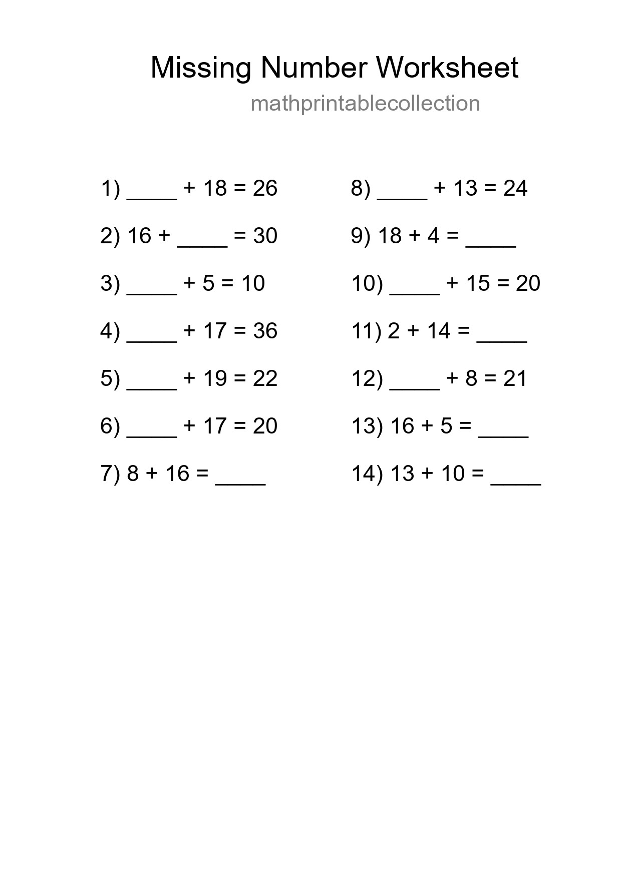 Missing Number Math Worksheet