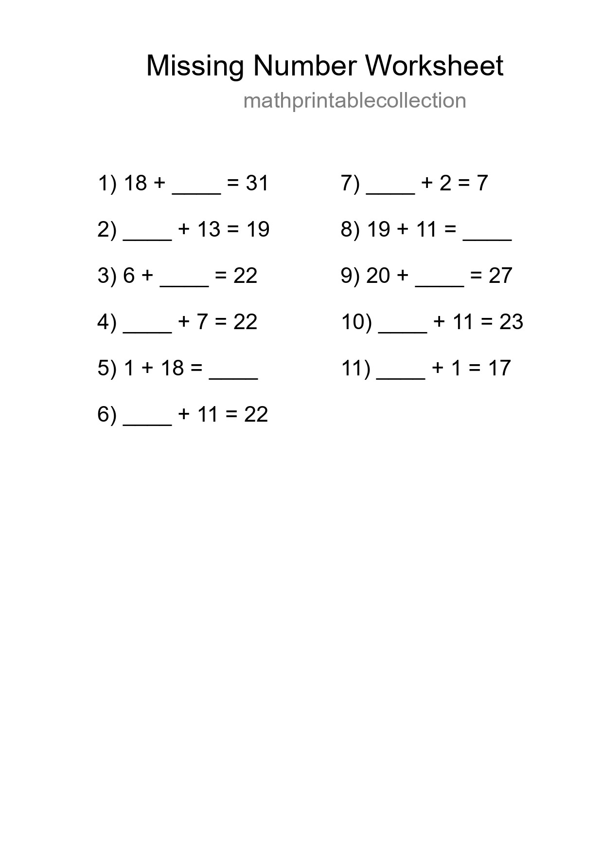 Missing Number Math Worksheet