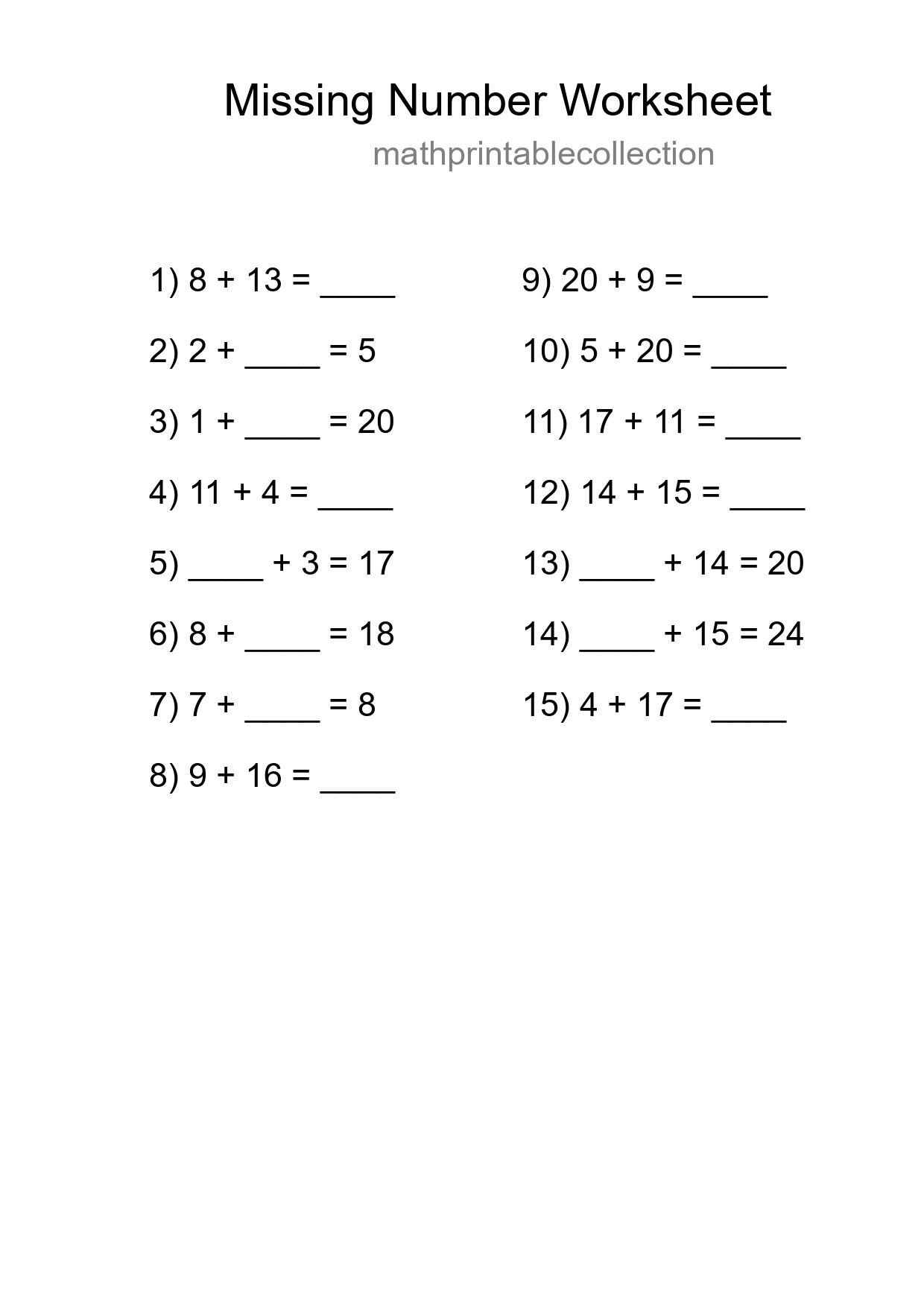 Missing Number Math Worksheet