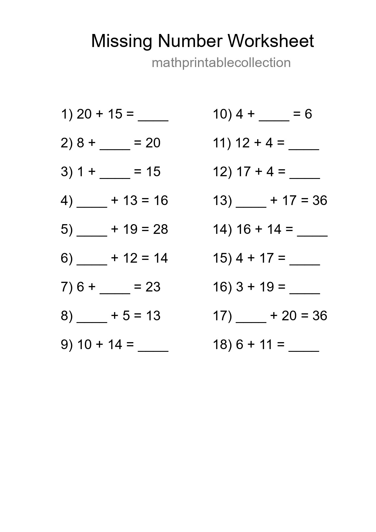 Missing Number Math Worksheet
