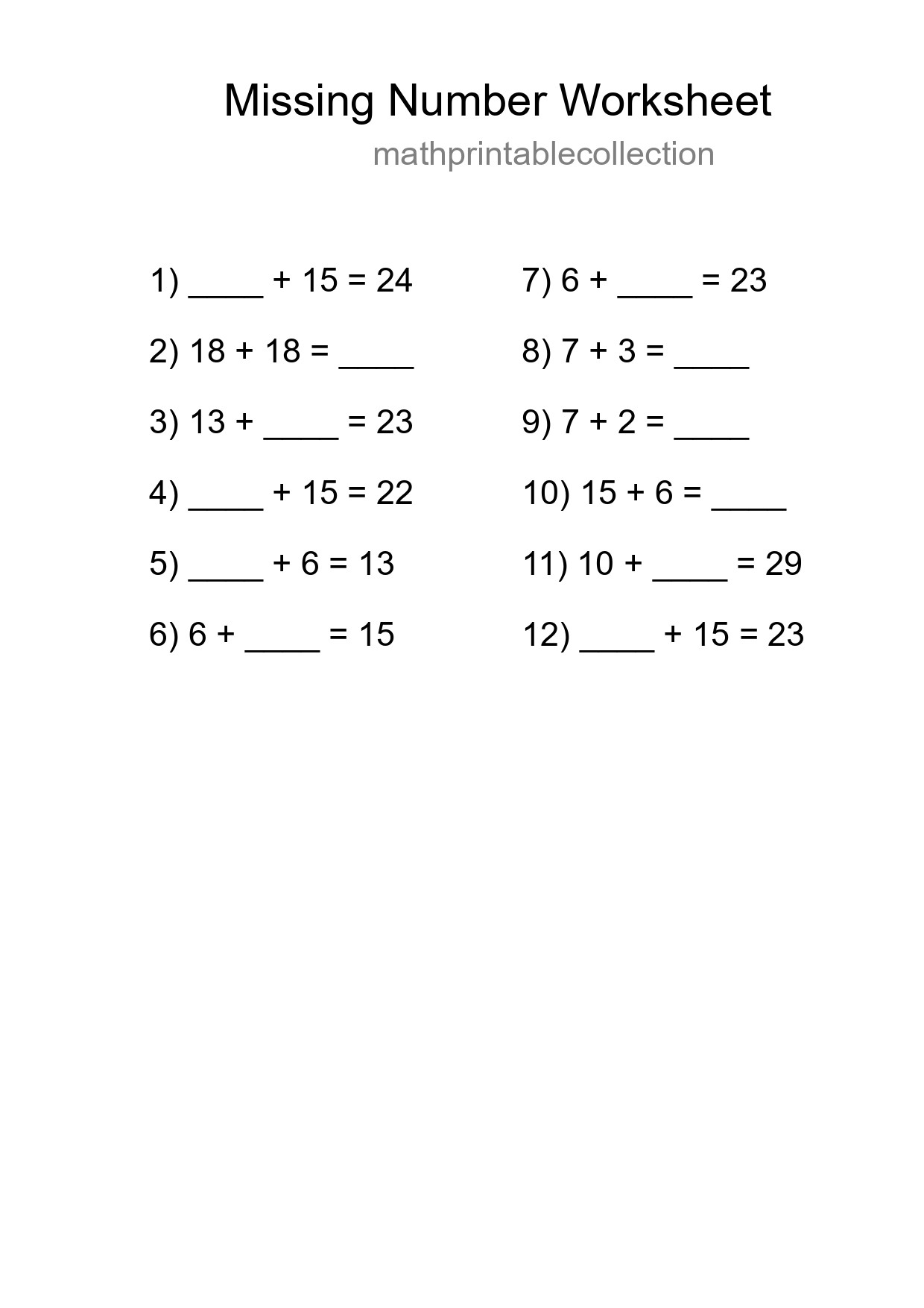 Missing Number Math Worksheet