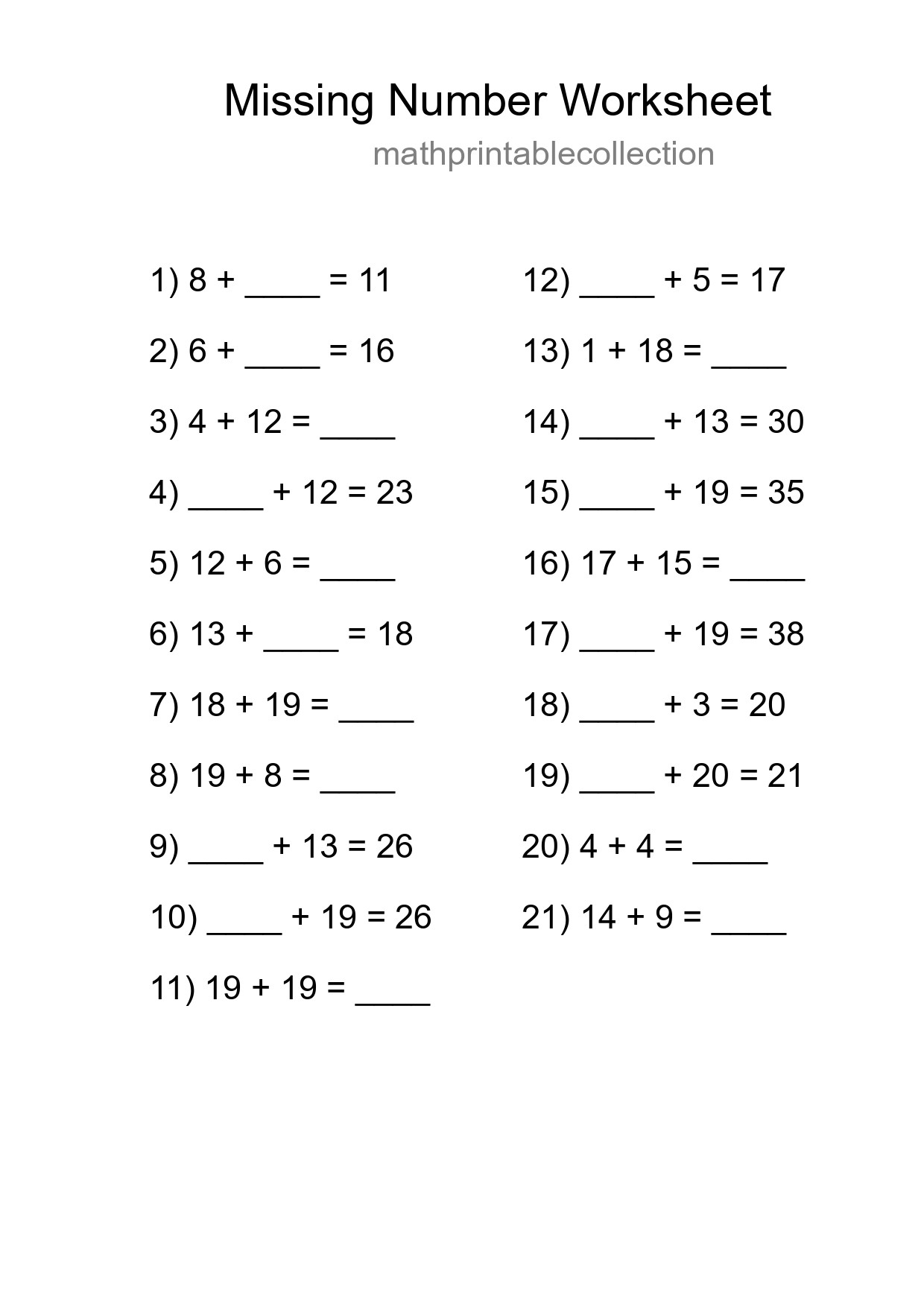 Missing Number Math Worksheet