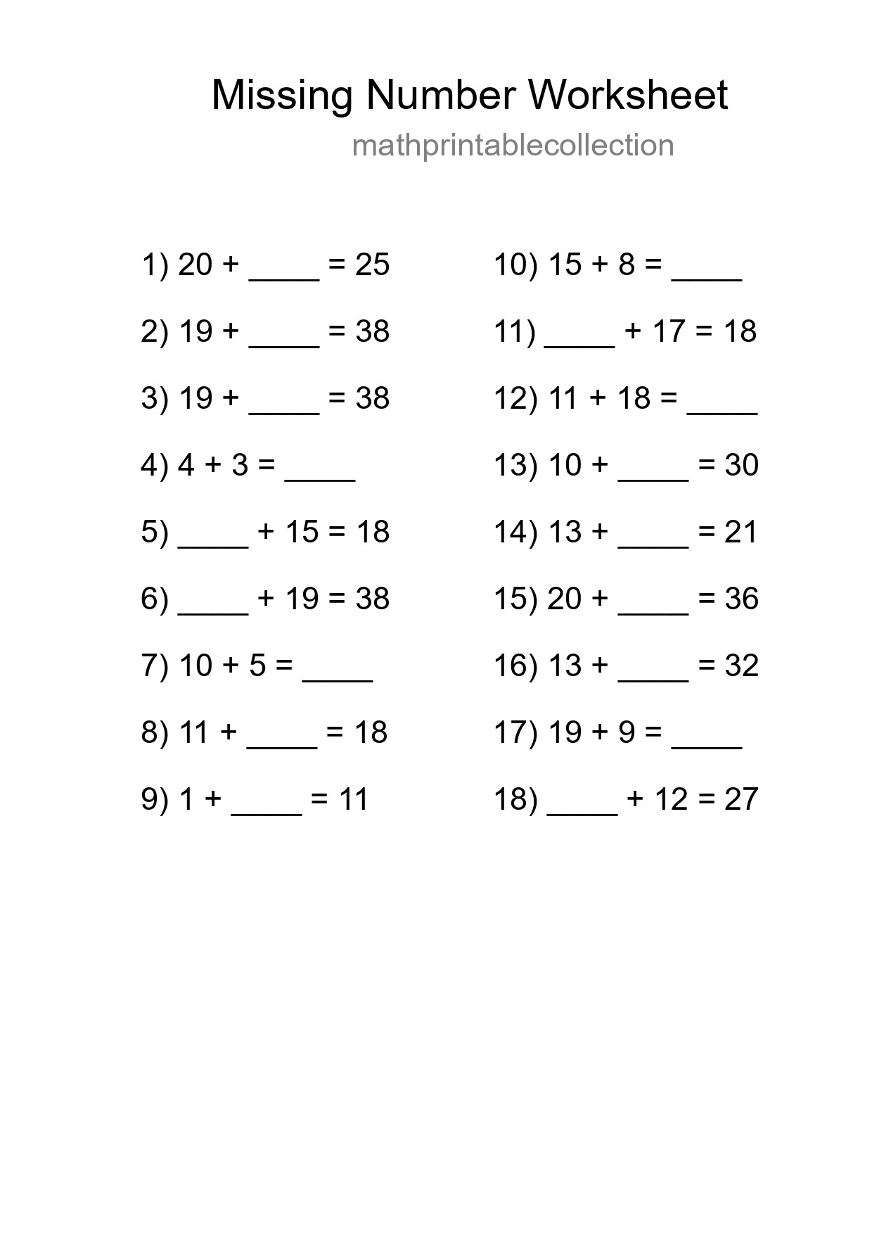 Missing Number Math Worksheet