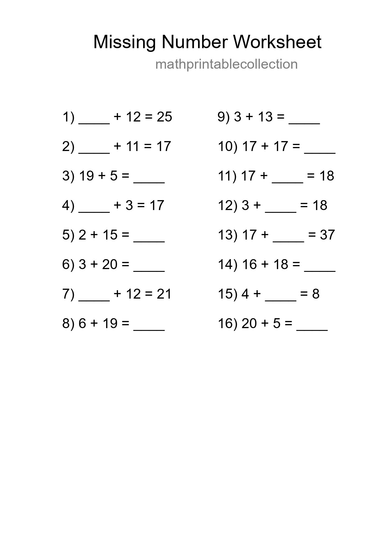 Missing Number Math Worksheet