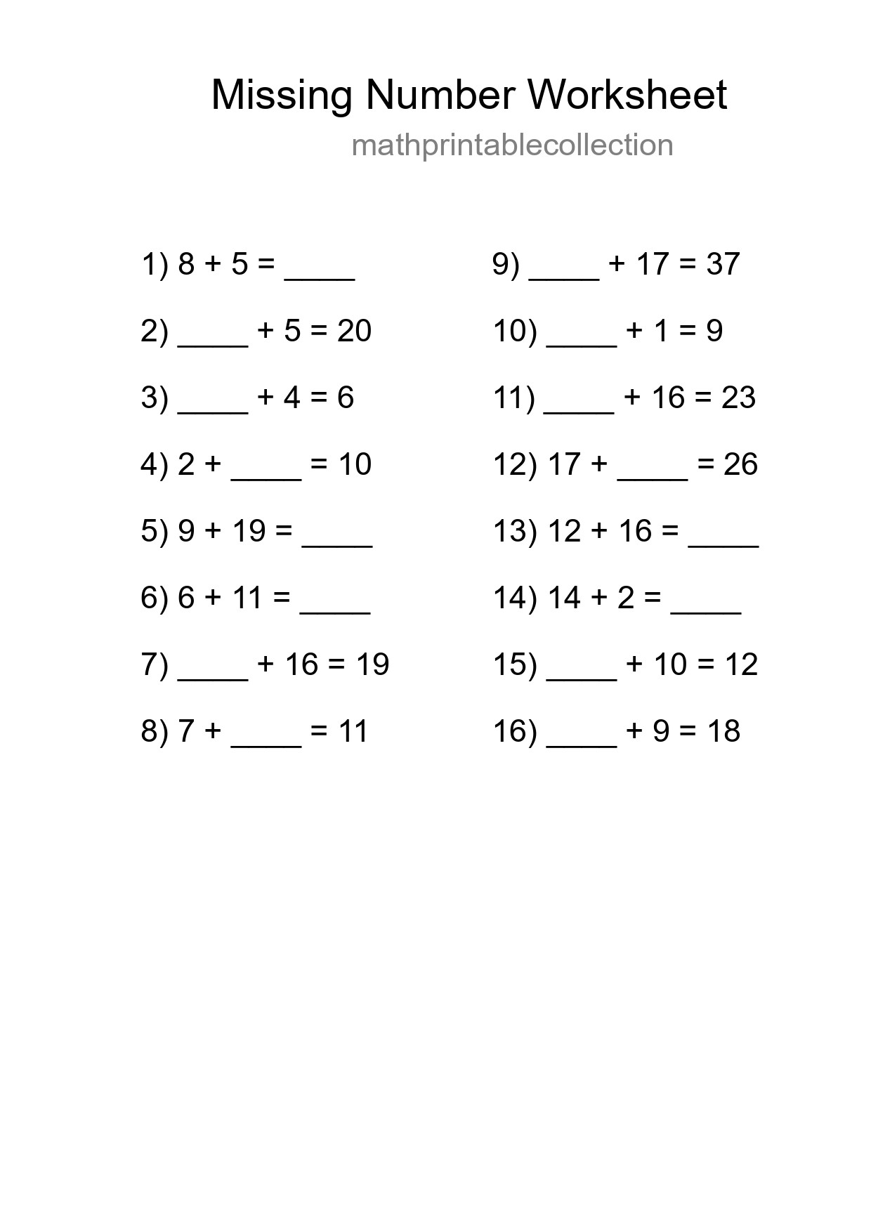 Missing Number Math Worksheet