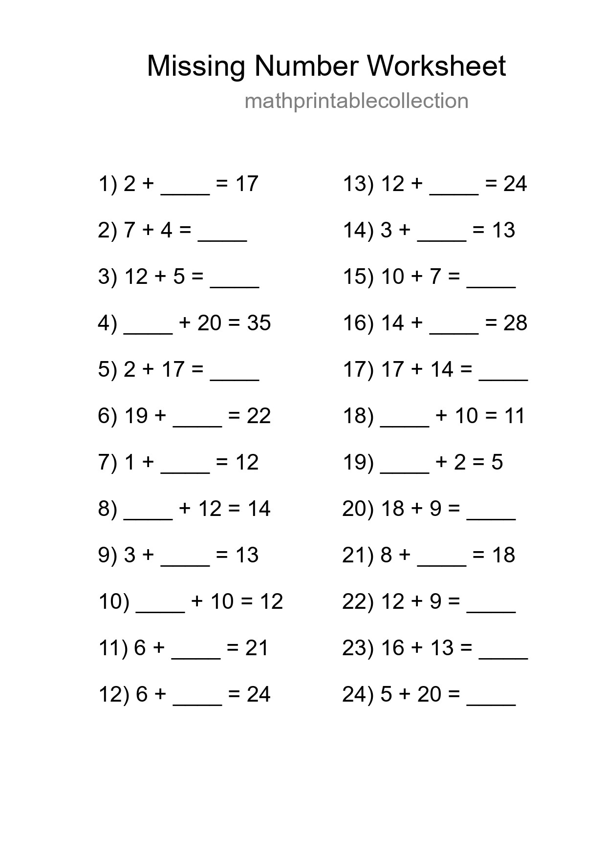 Missing Number Math Worksheet