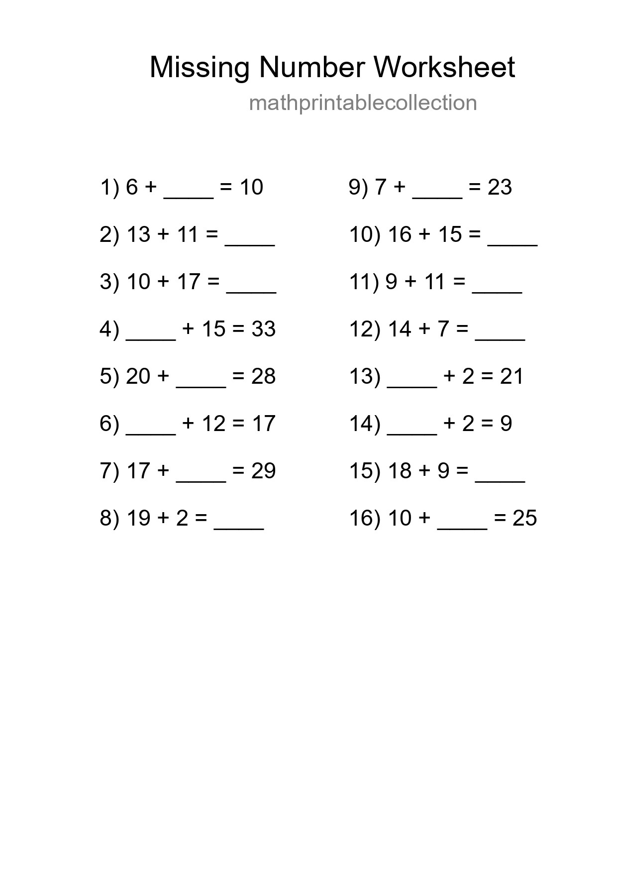 Missing Number Math Worksheet