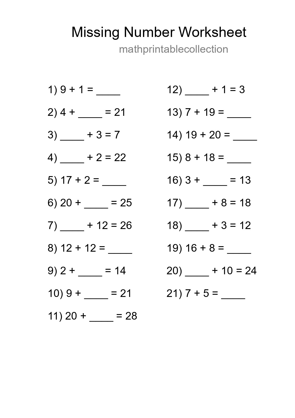 Missing Number Math Worksheet