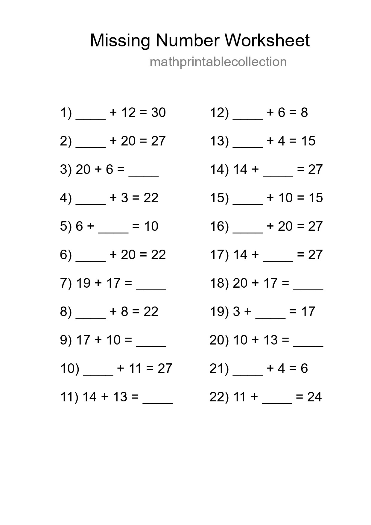 Missing Number Math Worksheet