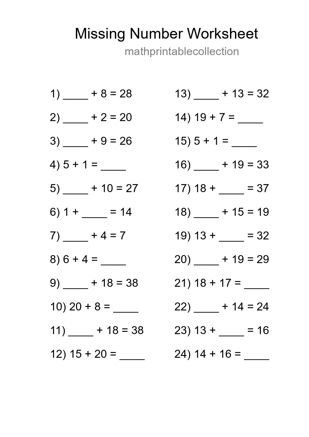 Missing Number Math Worksheet
