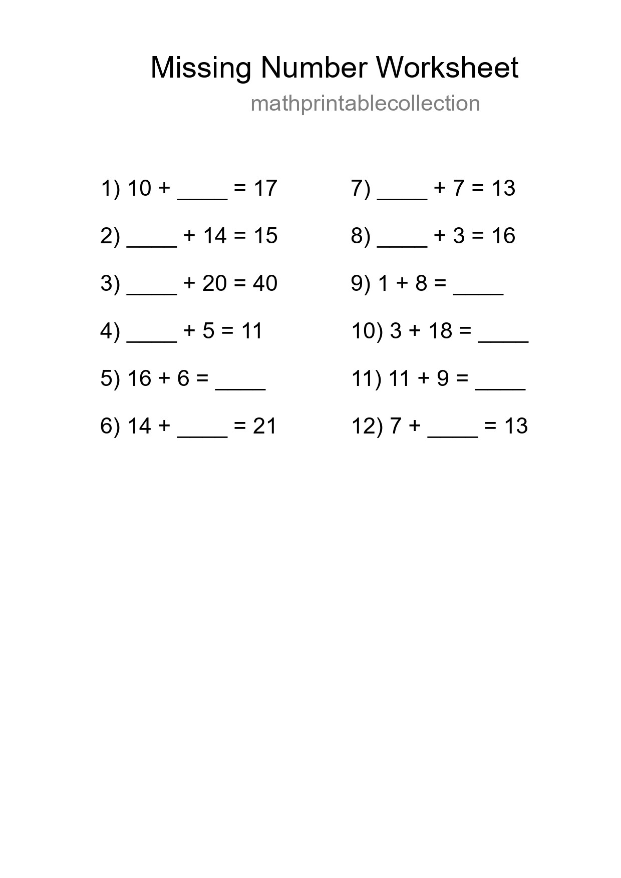 Missing Number Math Worksheet