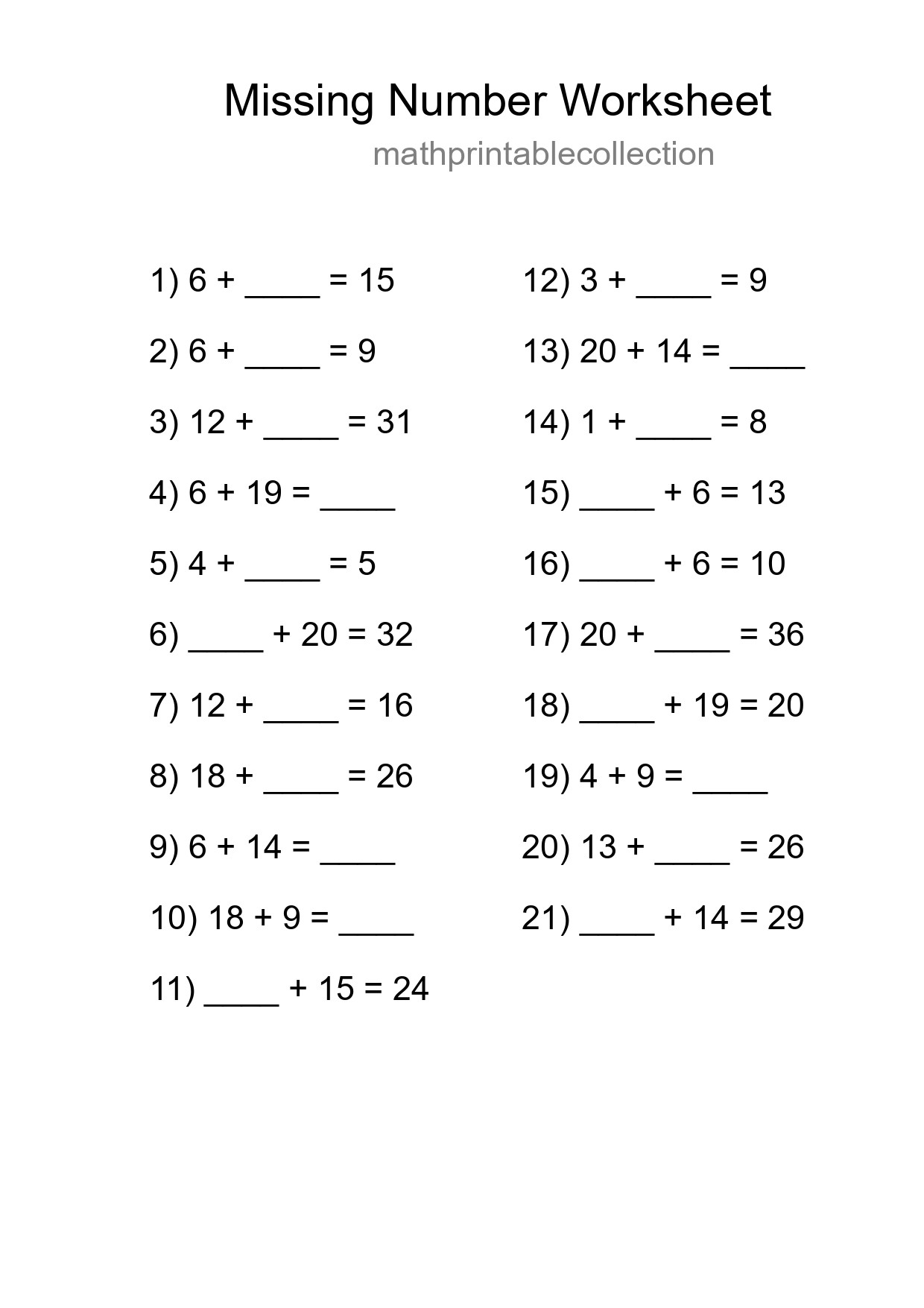 Missing Number Math Worksheet