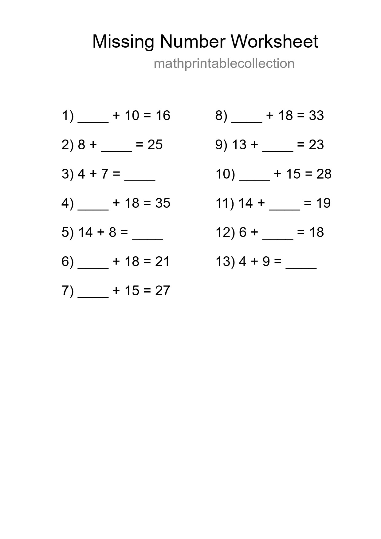 Missing Number Math Worksheet