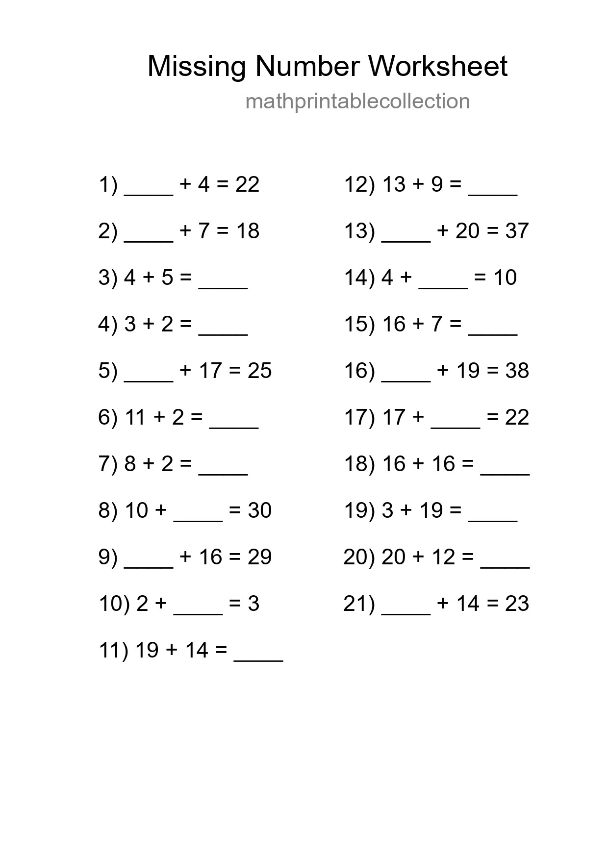 Missing Number Math Worksheet