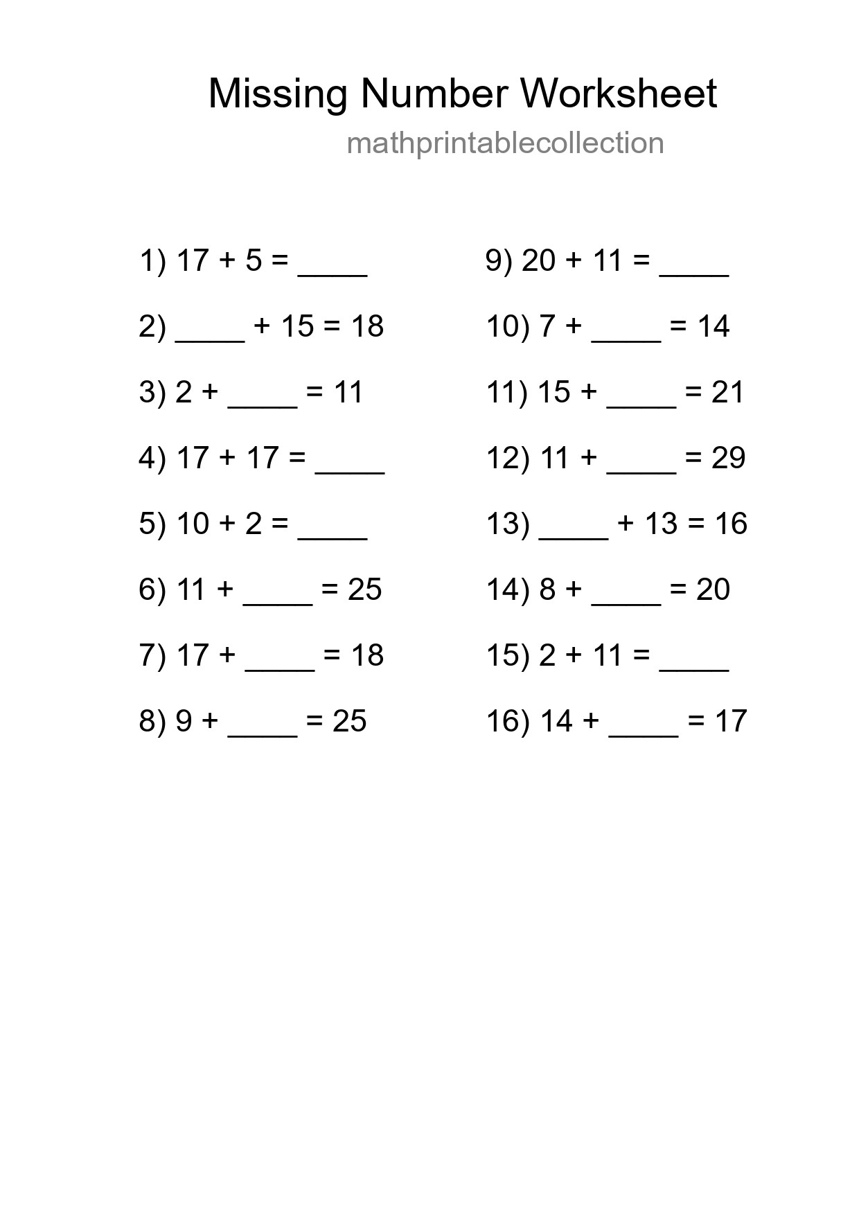Missing Number Math Worksheet