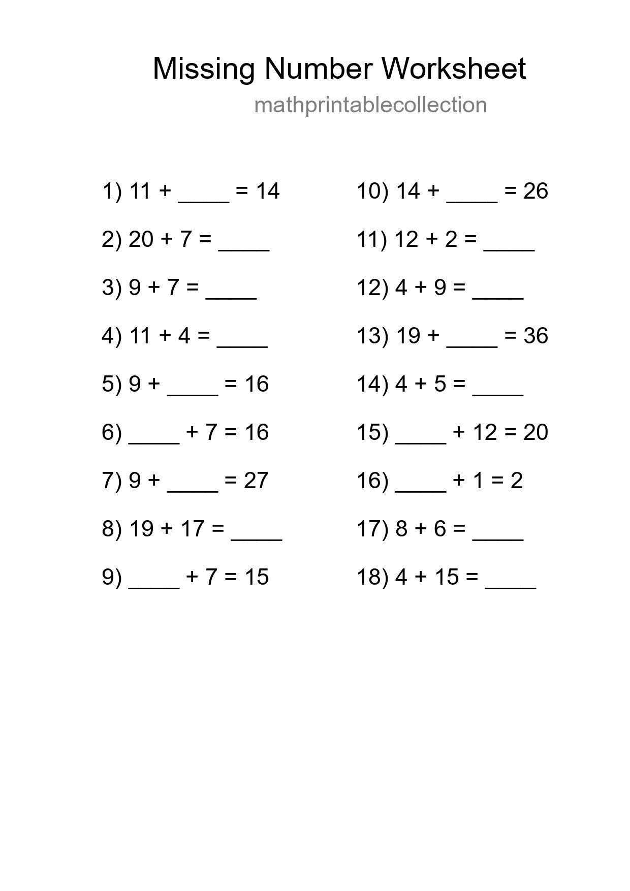 Missing Number Math Worksheet