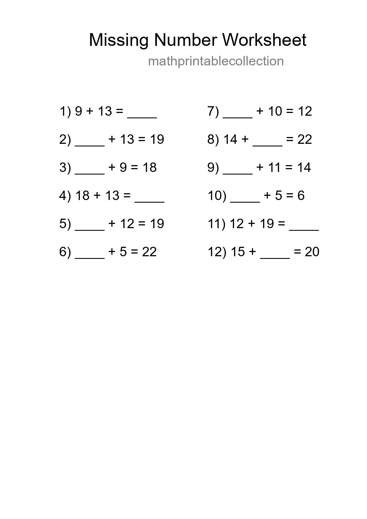 Missing Number Math Worksheet