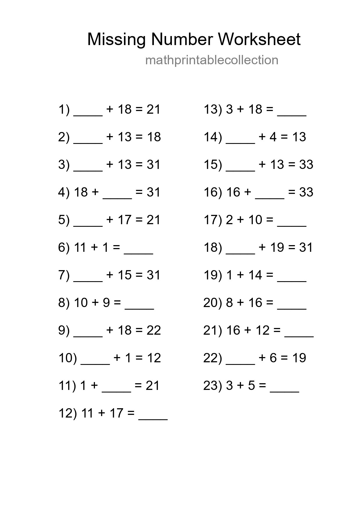 Missing Number Math Worksheet