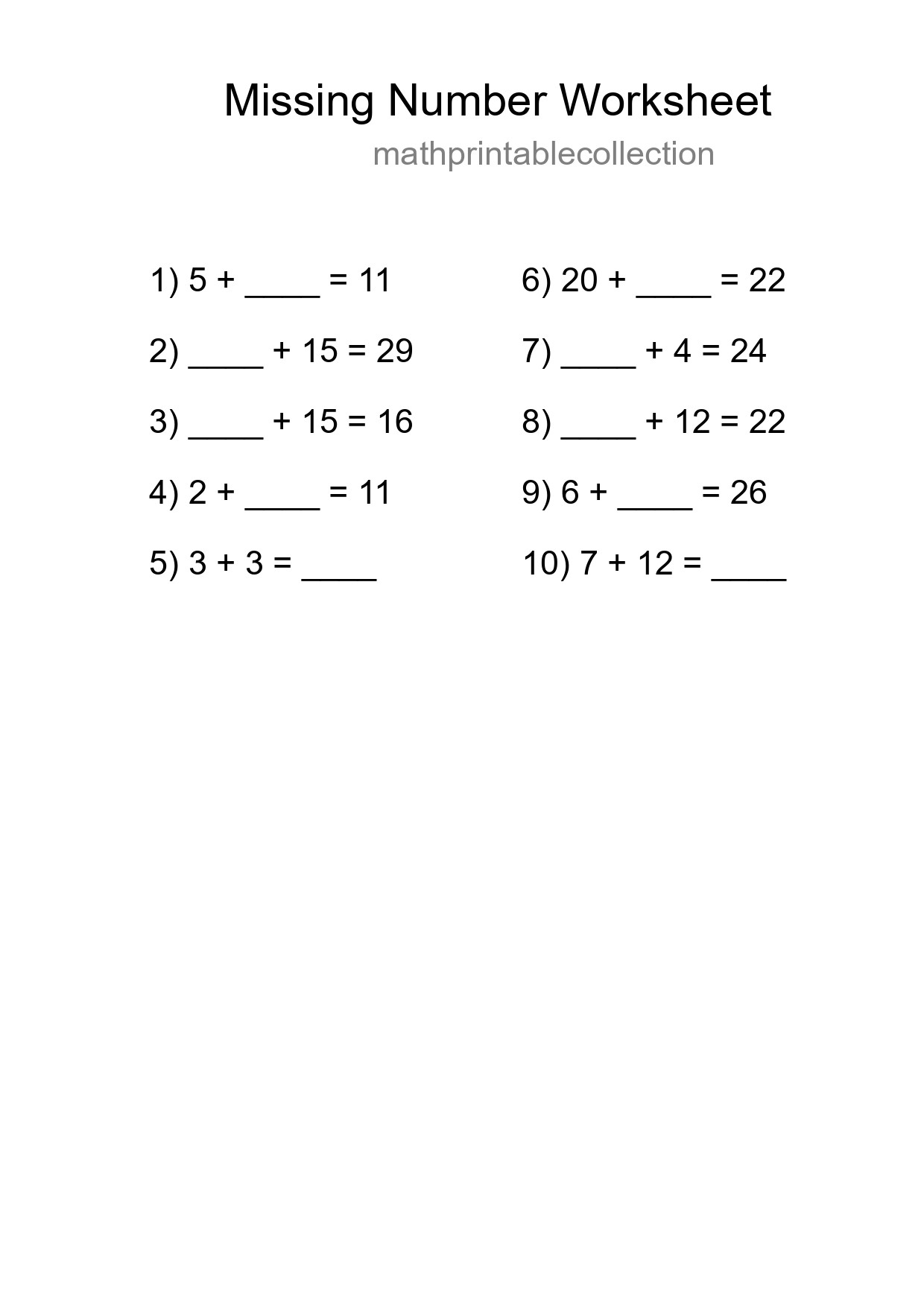 Missing Number Math Worksheet