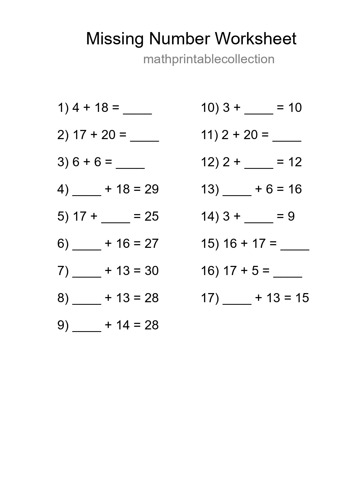 Missing Number Math Worksheet