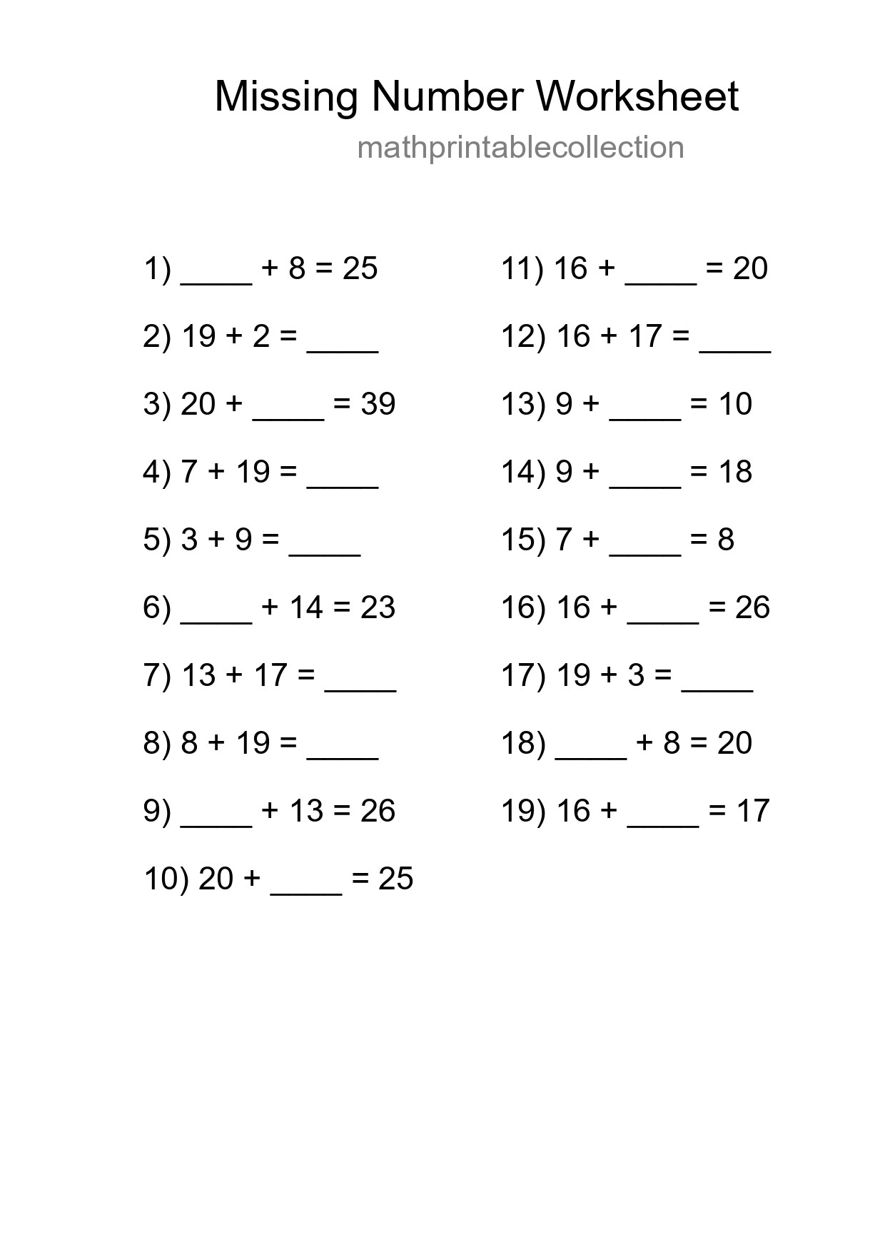 Missing Number Math Worksheet