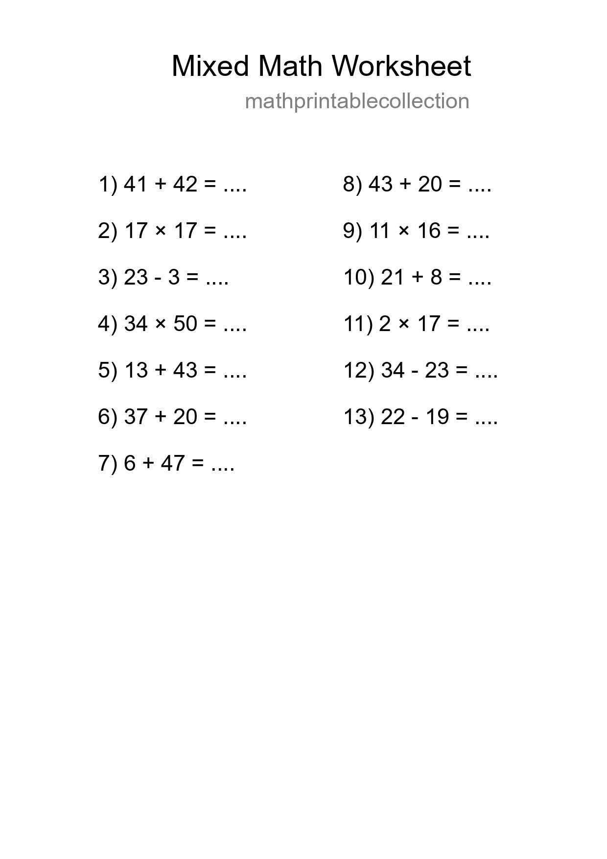 Mixed Operations Math Worksheet