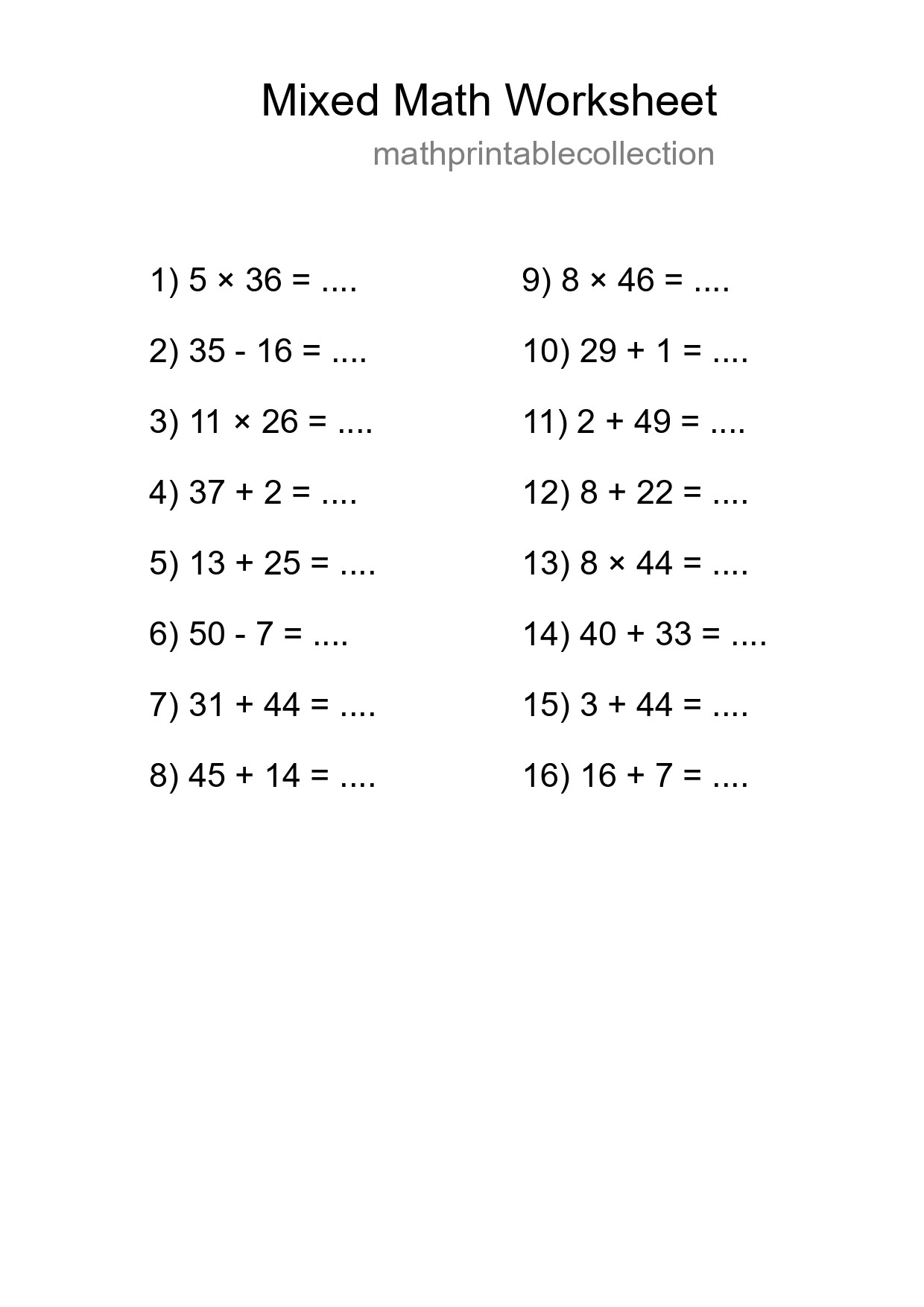 Mixed Operations Math Worksheet