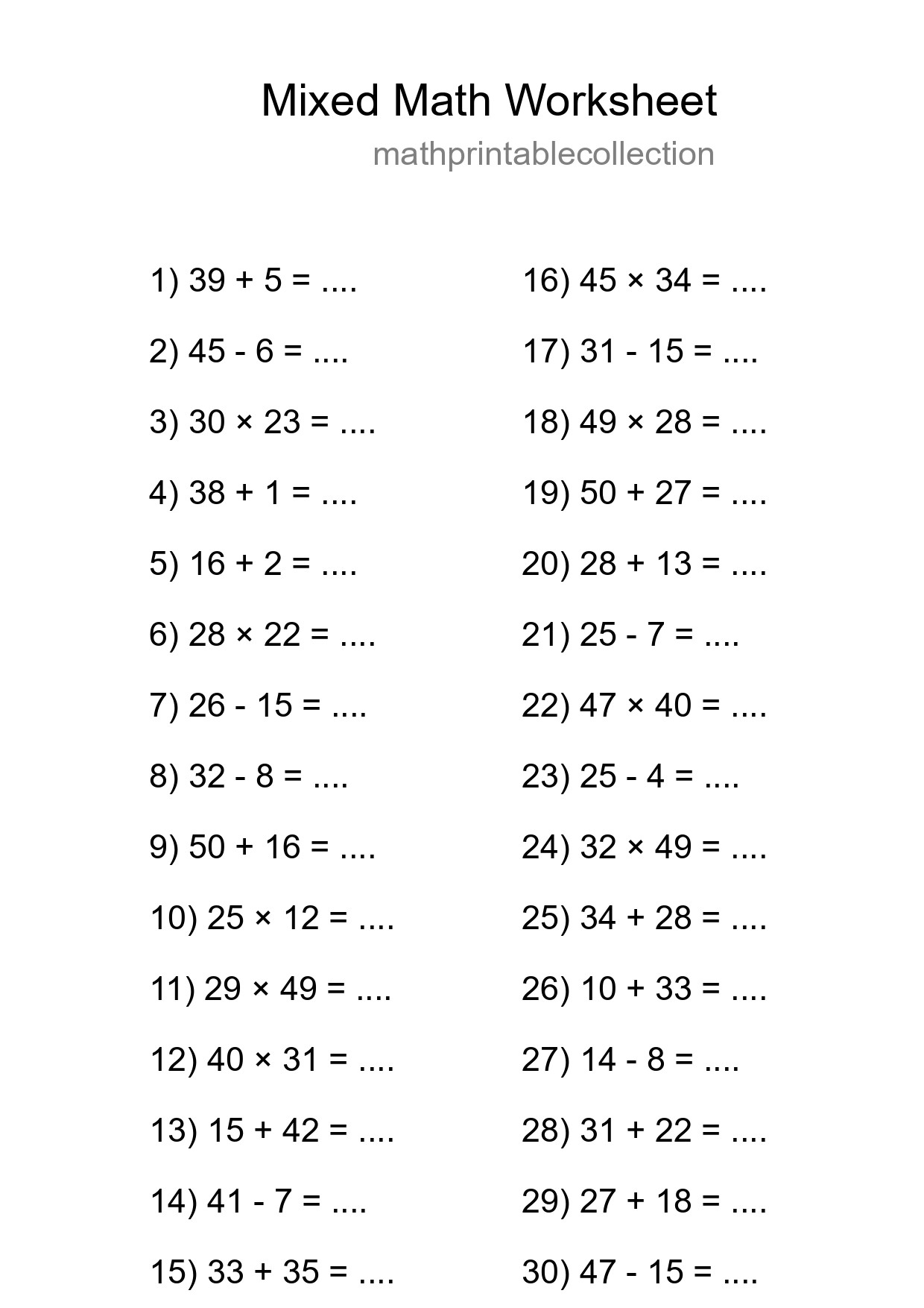 Mixed Operations Math Worksheet