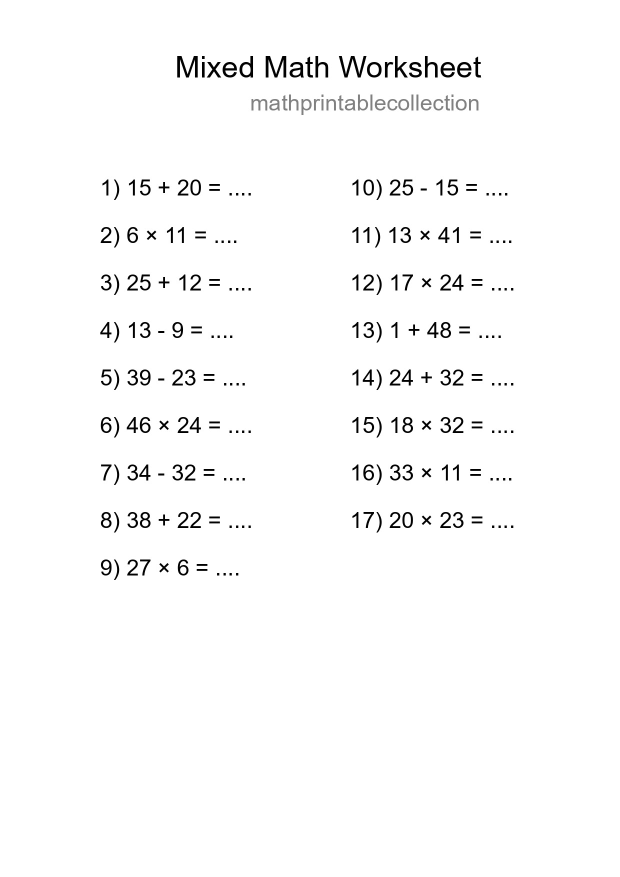 Mixed Operations Math Worksheet