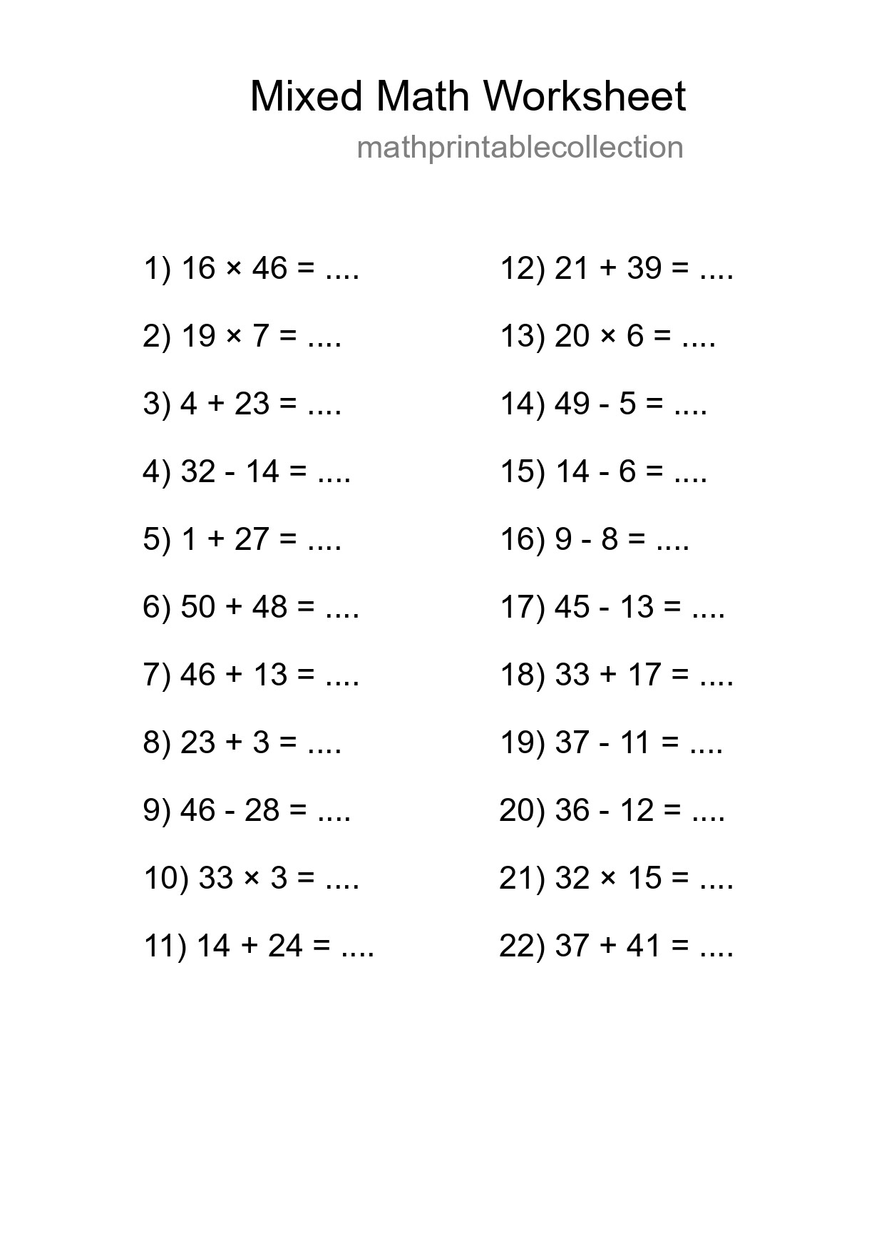 Mixed Operations Math Worksheet