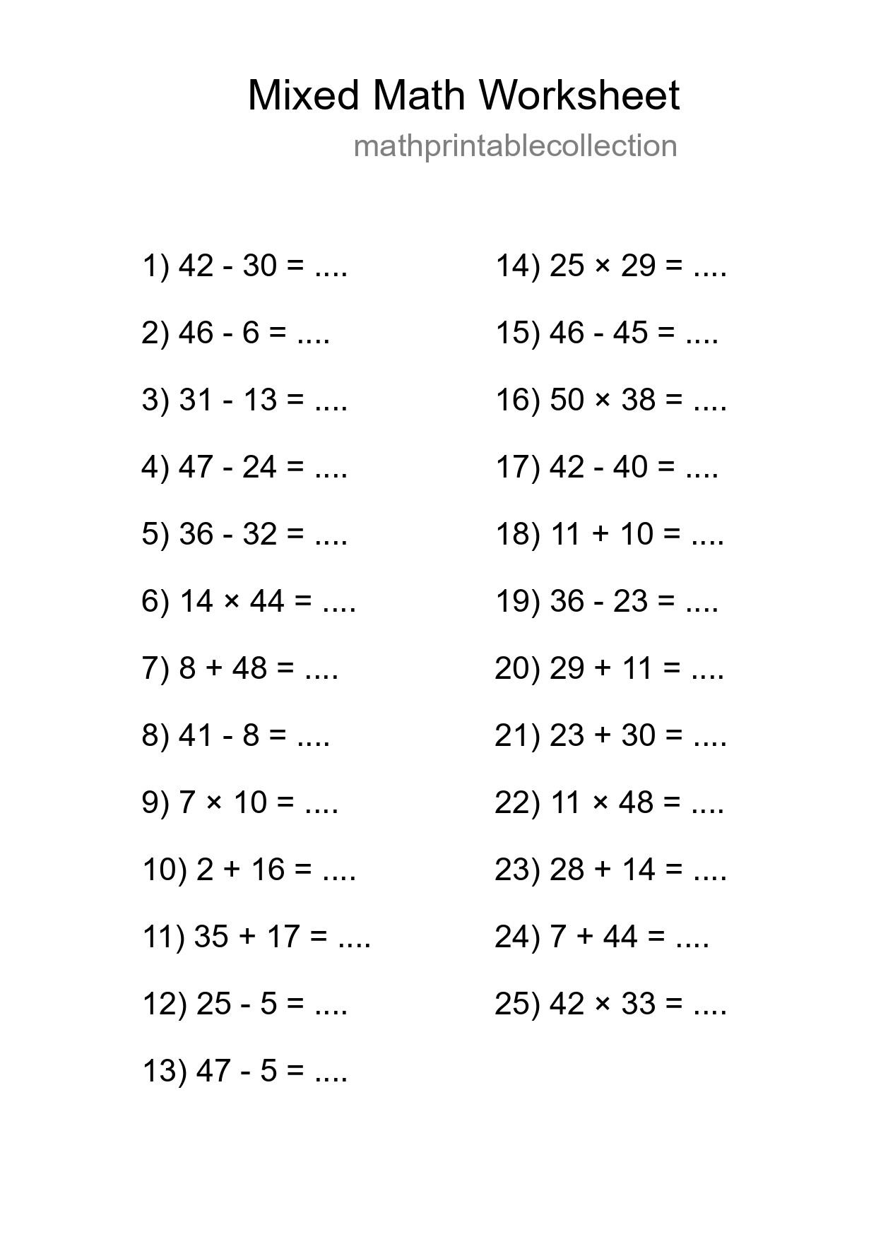 Mixed Operations Math Worksheet