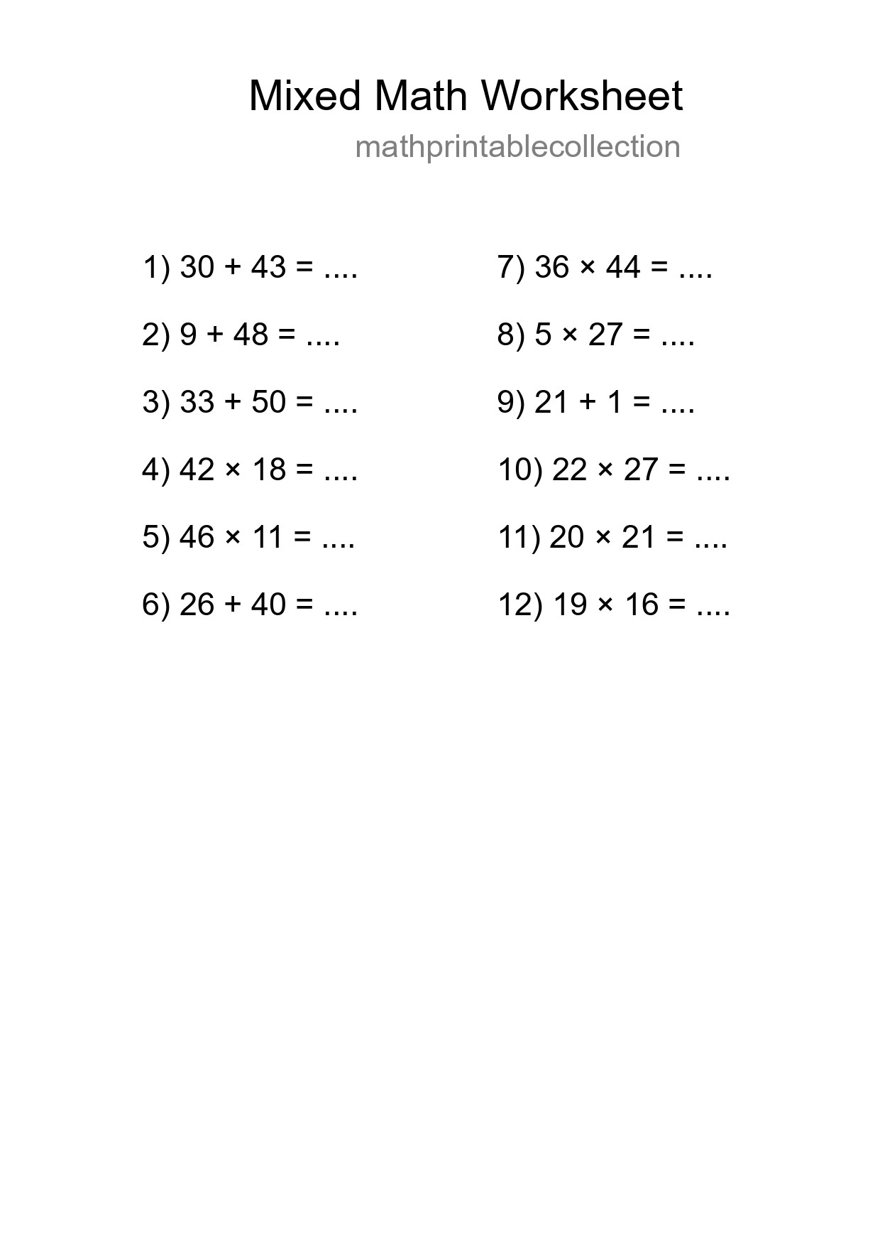 Mixed Operations Math Worksheet