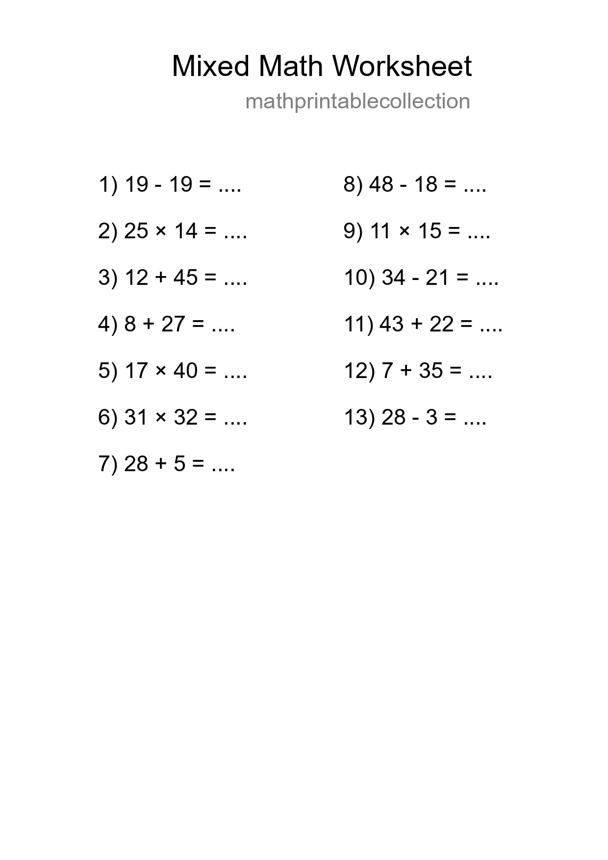 Mixed Operations Math Worksheet