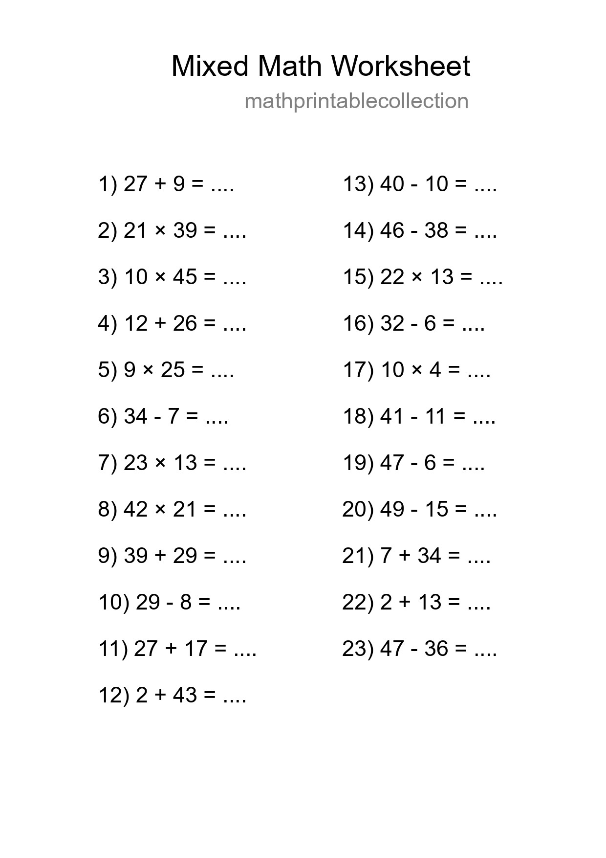 Mixed Operations Math Worksheet