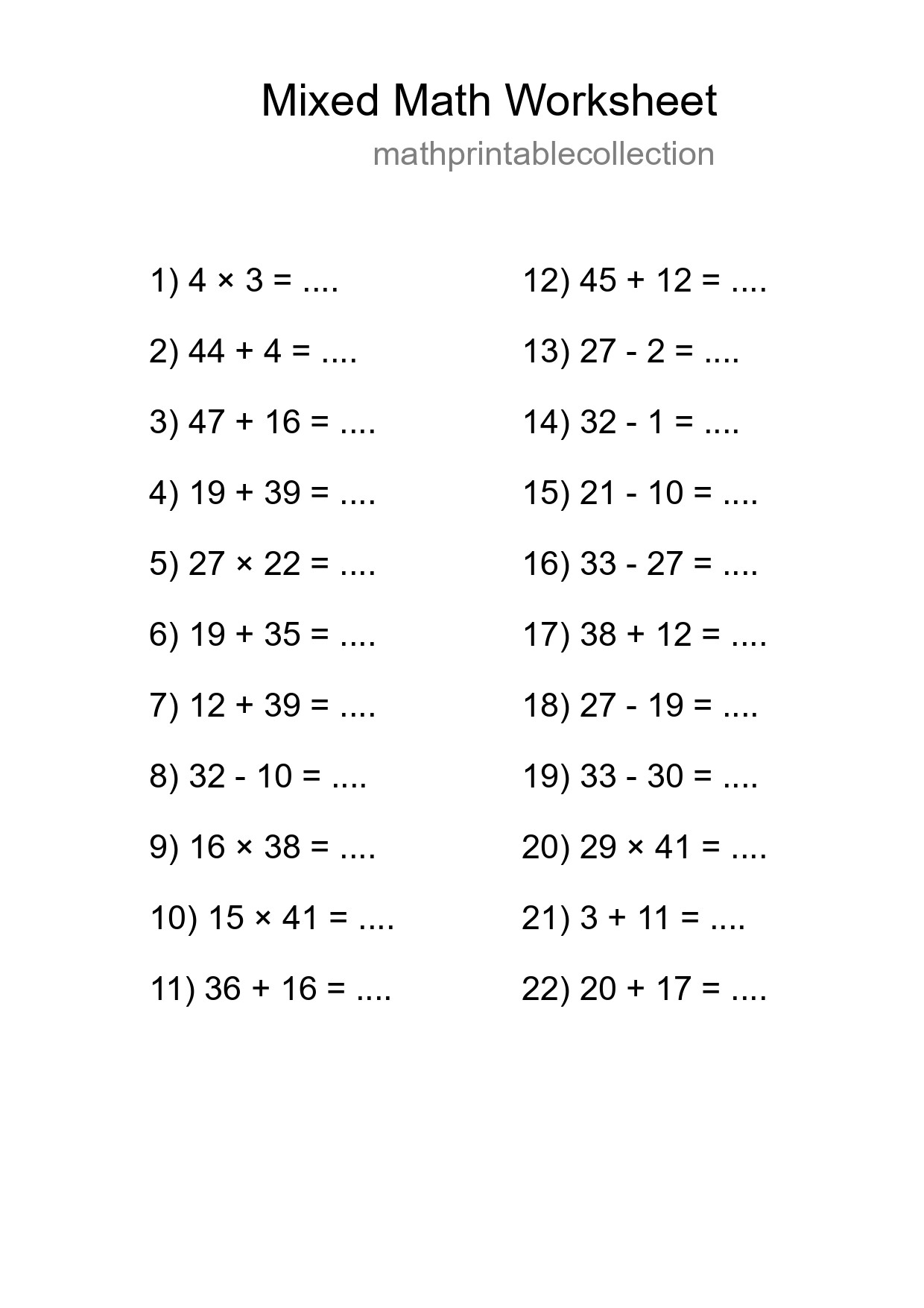 Mixed Operations Math Worksheet