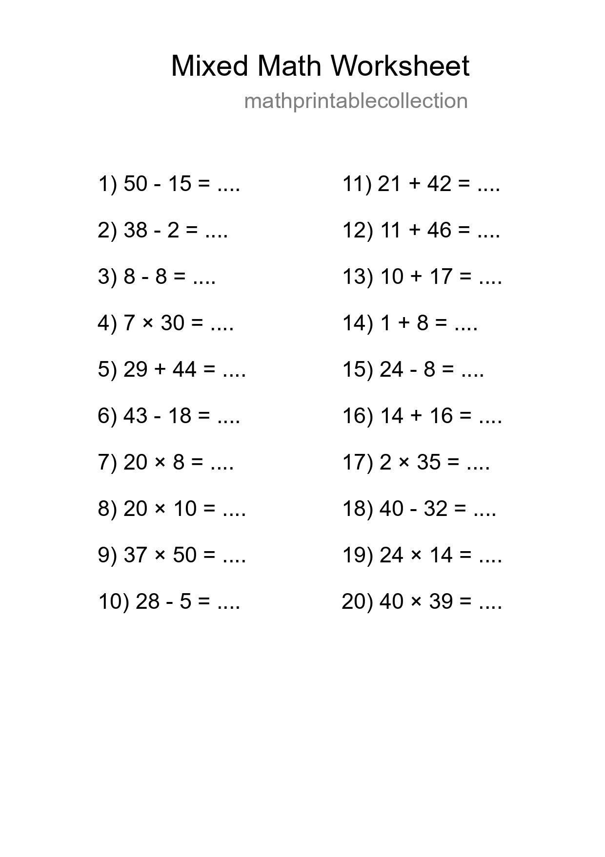 Mixed Operations Math Worksheet