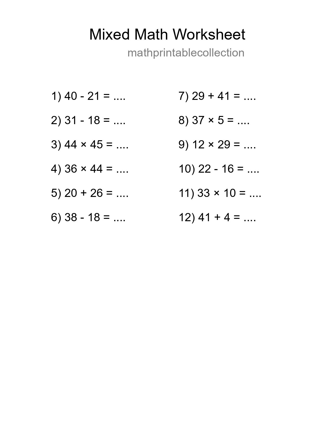 Mixed Operations Math Worksheet