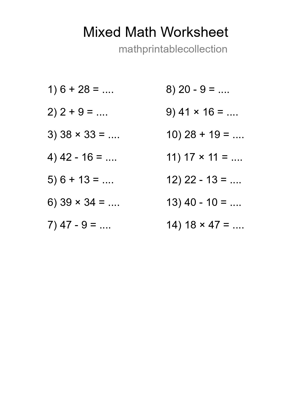Mixed Operations Math Worksheet