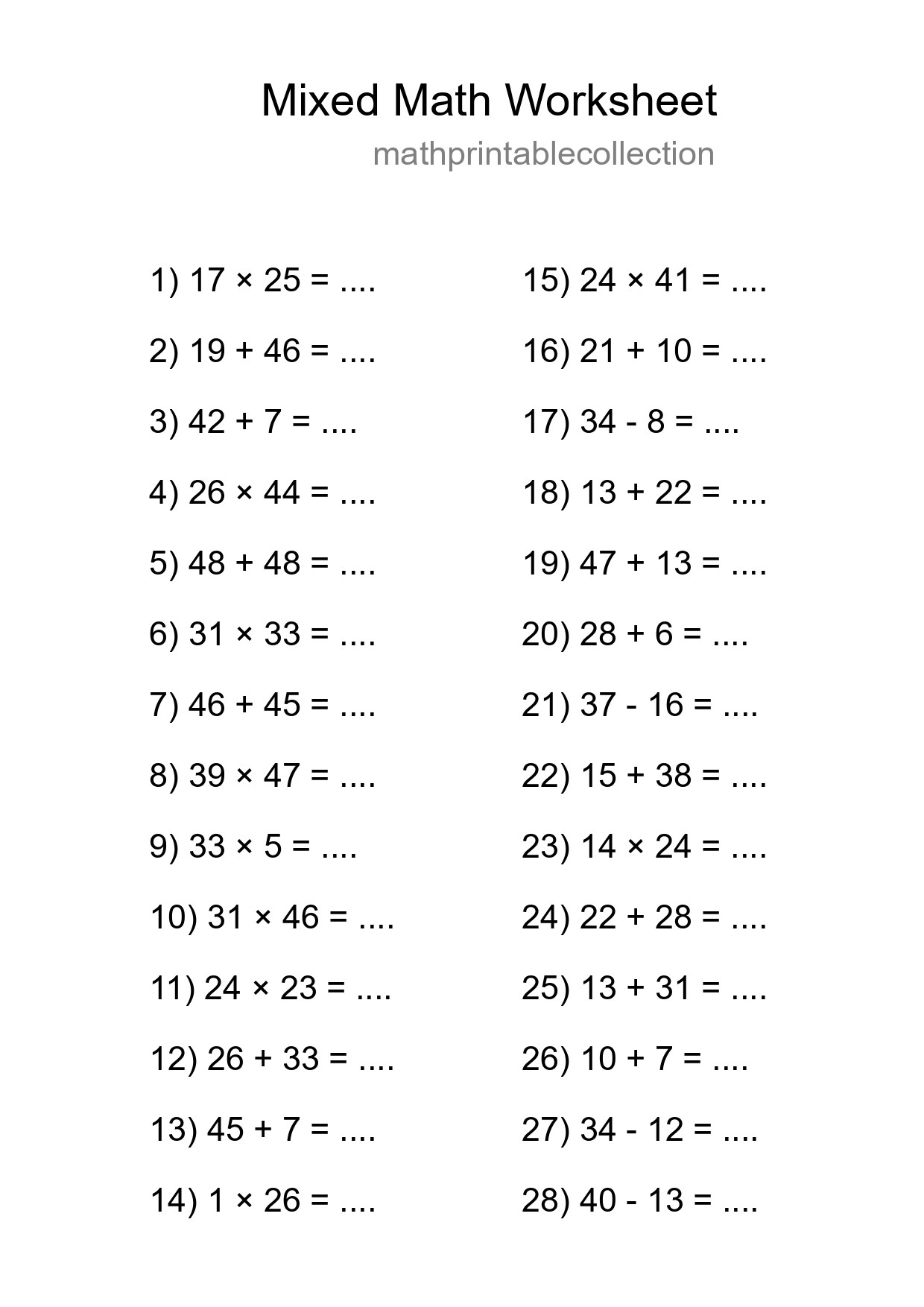 Mixed Operations Math Worksheet