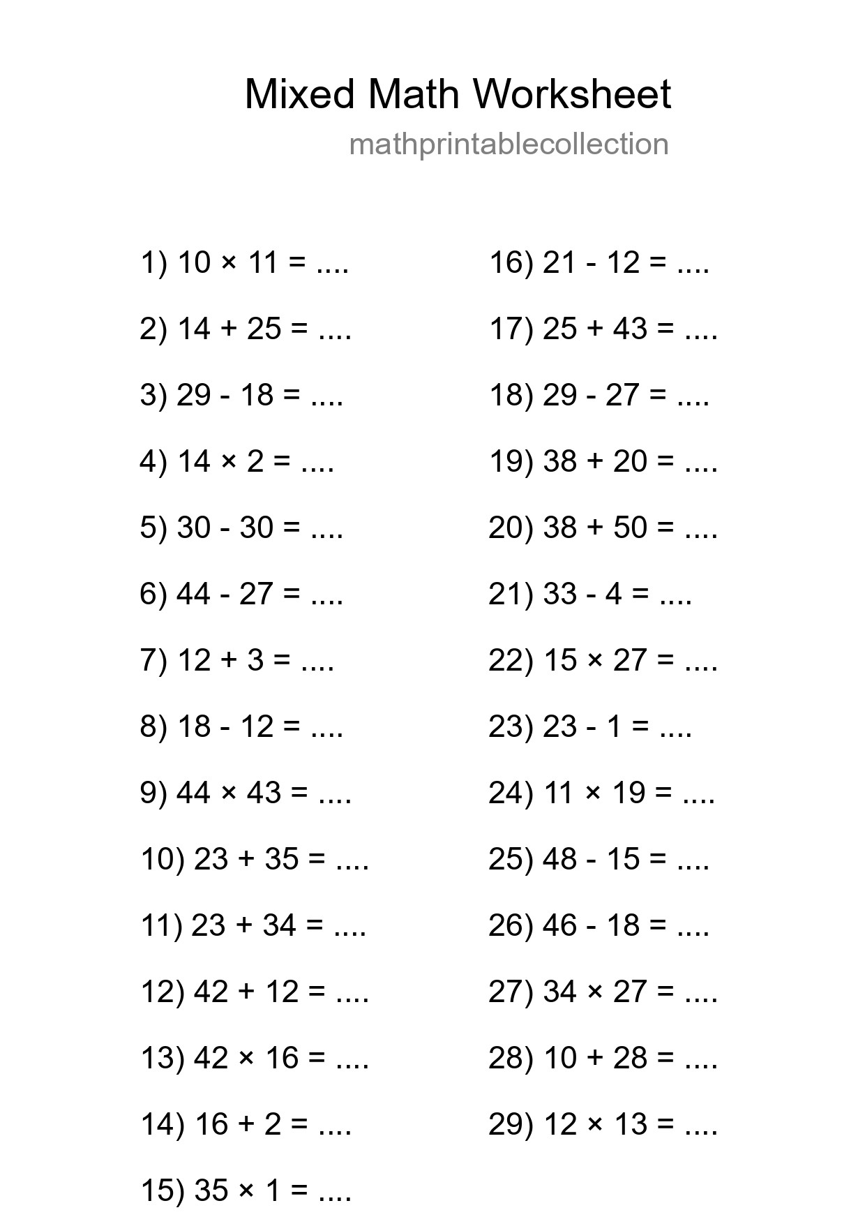 Mixed Operations Math Worksheet