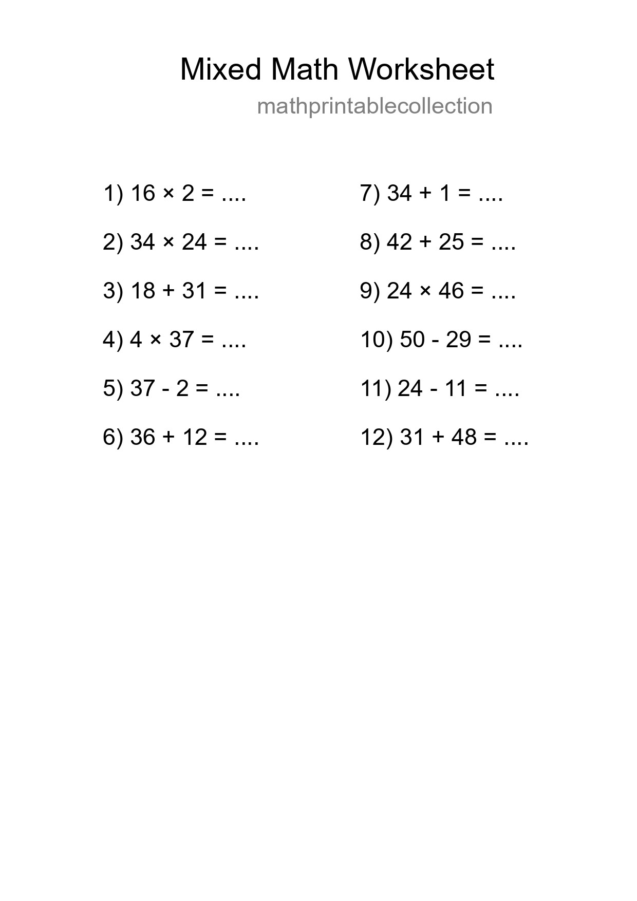 Mixed Operations Math Worksheet