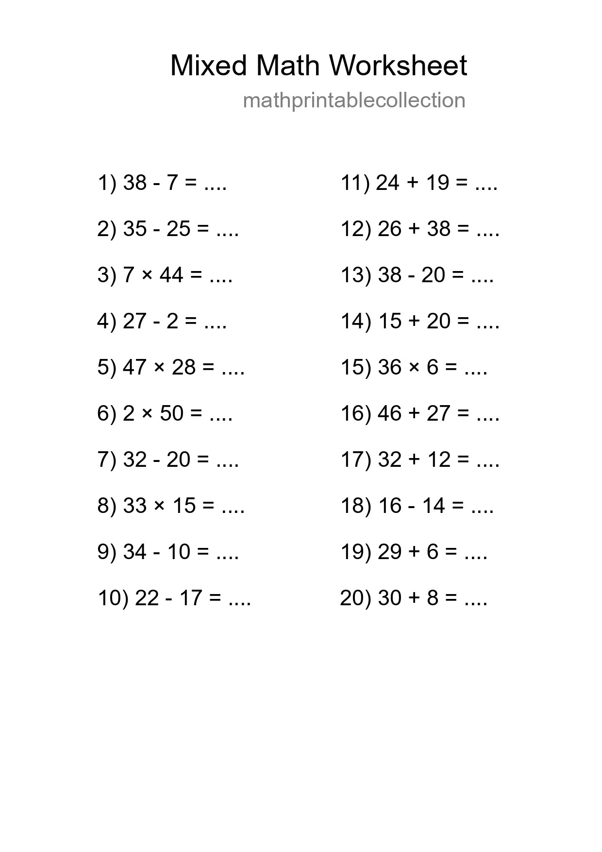 Mixed Operations Math Worksheet