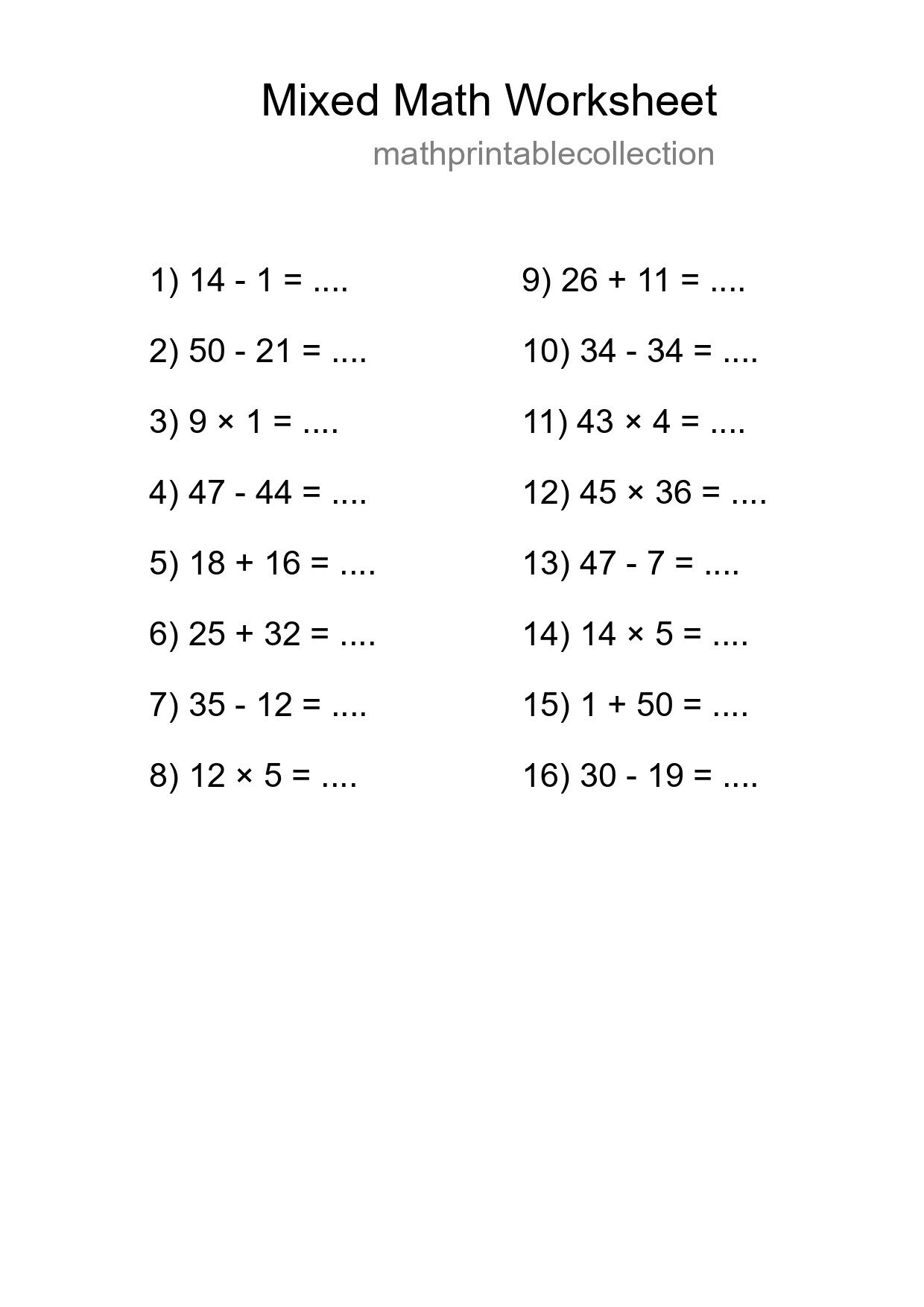 Mixed Operations Math Worksheet